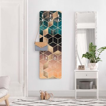 Bilderdepot24 Garderobenpaneel türkis Abstrakt Aquarell Kunst Muster Türkis Rosé goldene Geometrie (ausgefallenes Flur Wandpaneel mit Garderobenhaken Kleiderhaken hängend), moderne Wandgarderobe - Flurgarderobe im schmalen Hakenpaneel Design