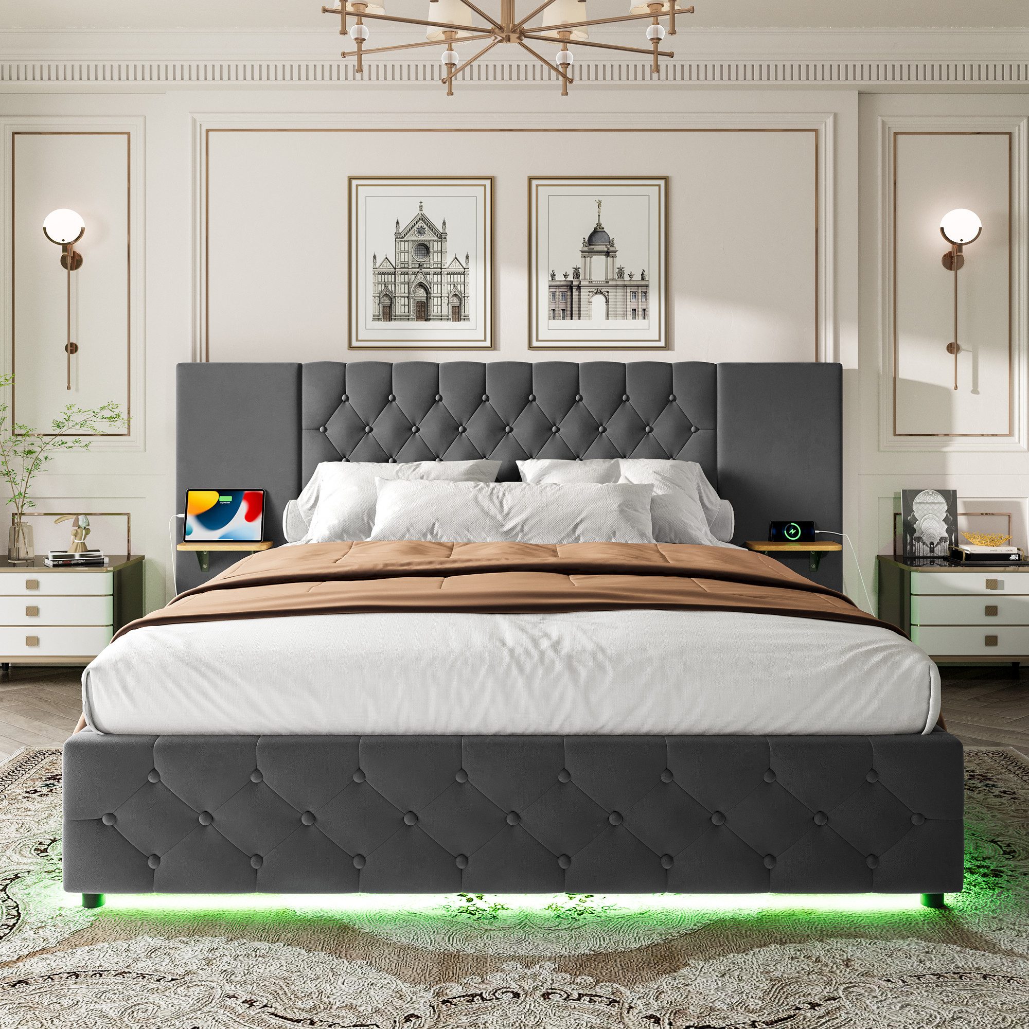 Polsterbett Bettgestell mit breitem Kopfteil, LED-Licht, USB-Anschluss