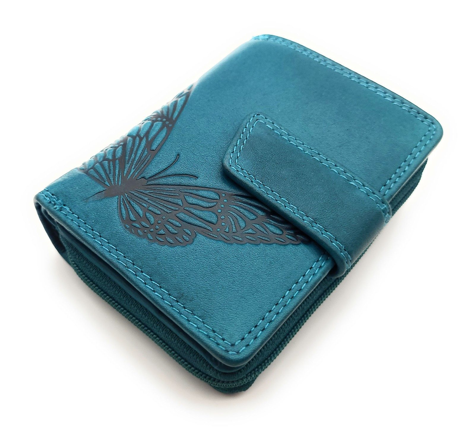 JOCKEY CLUB Mini Geldbörse kleines echt Leder Damen Portemonnaie mit RFID Schutz, wunderschöner Schmetterling, Sauvage Rindleder, petrol blau