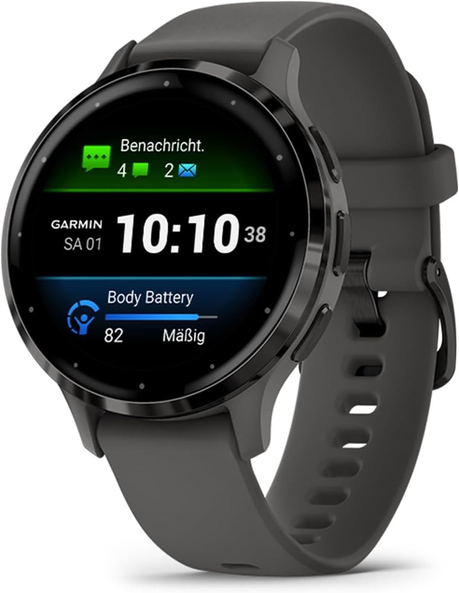 Garmin Herren"s Damen"s Fitness Uhr; mit AMOLED & Telefonfunktion Smartwatch (2,5 cm/1,2 Zoll, Android/iOS), GPS Pulsuhr mit Schlafanalyse, 30 Sportmodi & 10 Tage Akku