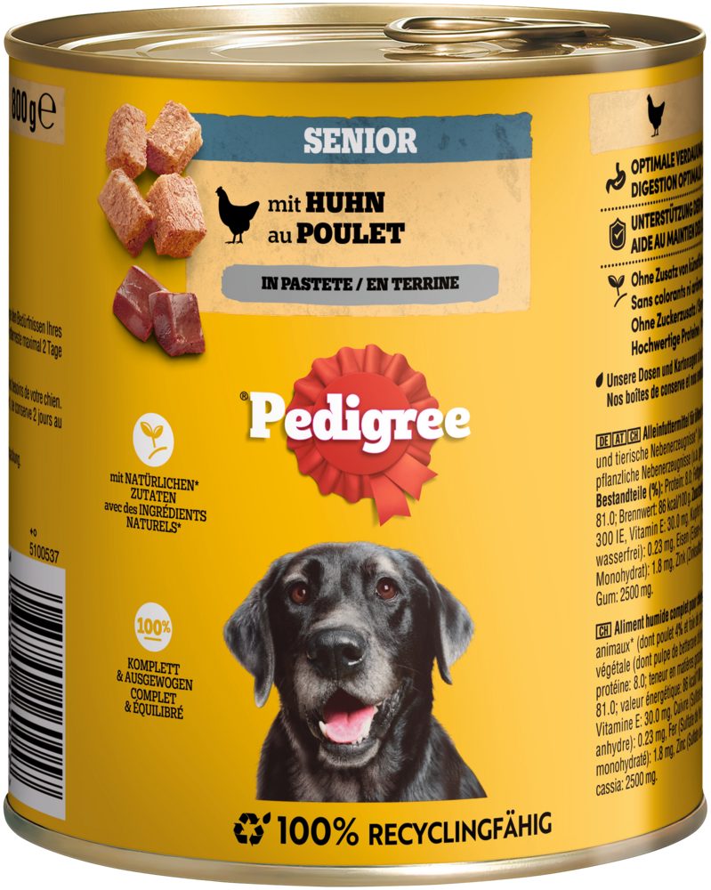 Pedigree PEDIGREE® Dose Senior mit Huhn in Pastete 800g, Nassfutter für: Hunde