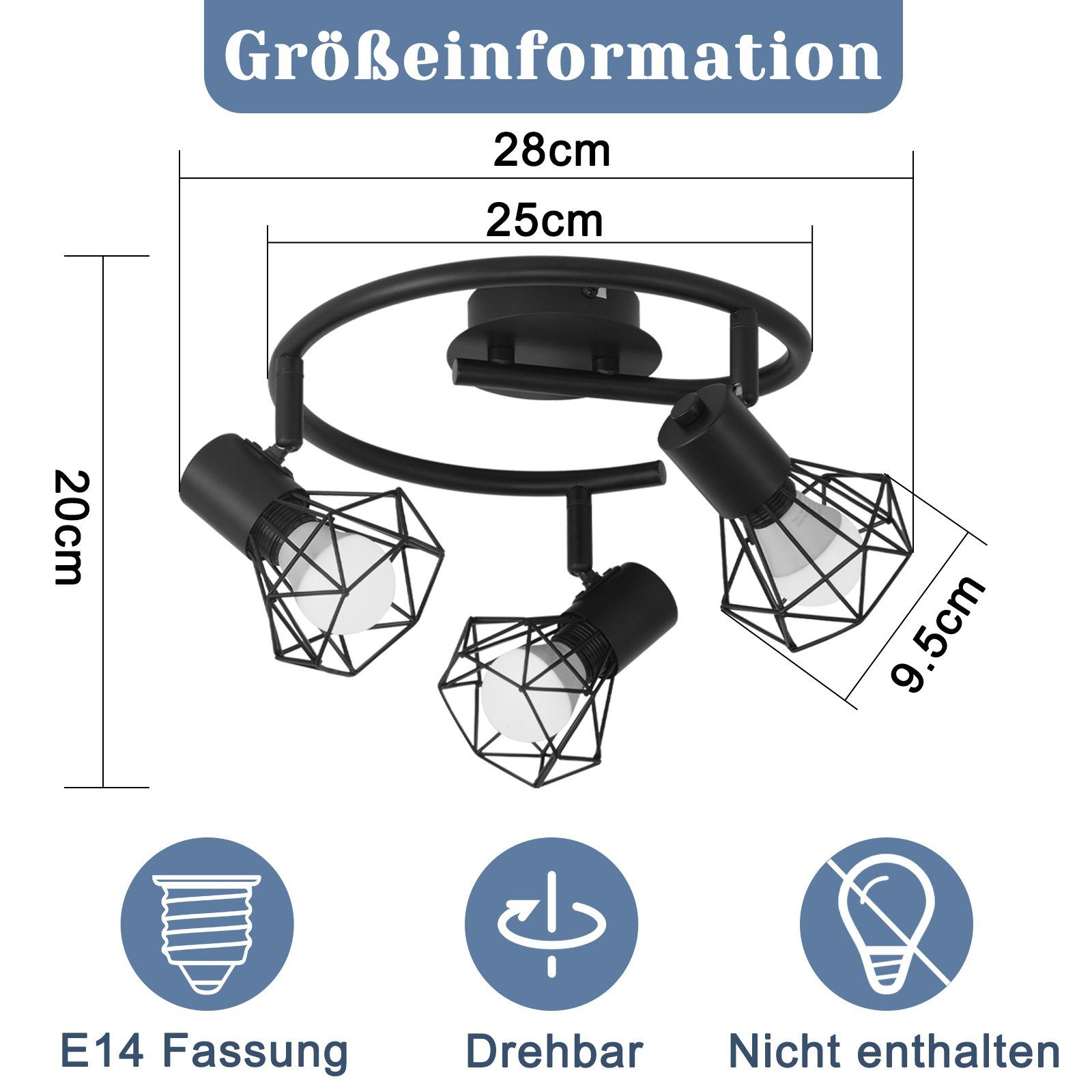 ZMH Deckenleuchten 3 Flammig Deckenspot Rund Industrial Retro E14 Schwenkbar Schlafzimmer, Einzigartige Design, LED fest integriert, max. 25W, Ø28×20cm,350° dre – Bild 5 von 5