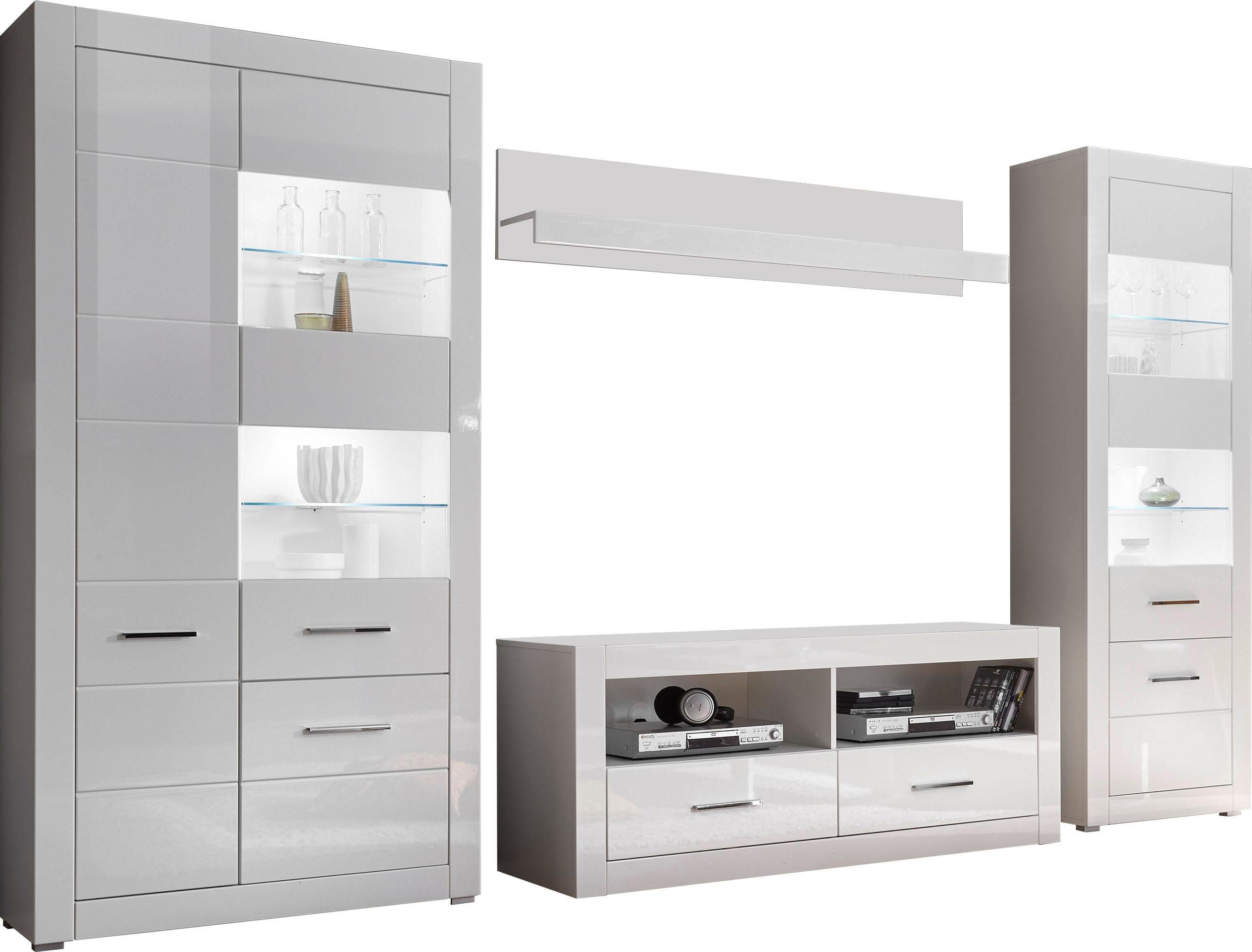 Home affaire Wohnwand Bianco, moderne Anbauwand, Komplettset, Wohnzimmer-Set, (Set, 4-St), enthält zwei Vitrinen, Lowboard und Wandboard, 335 cm breit