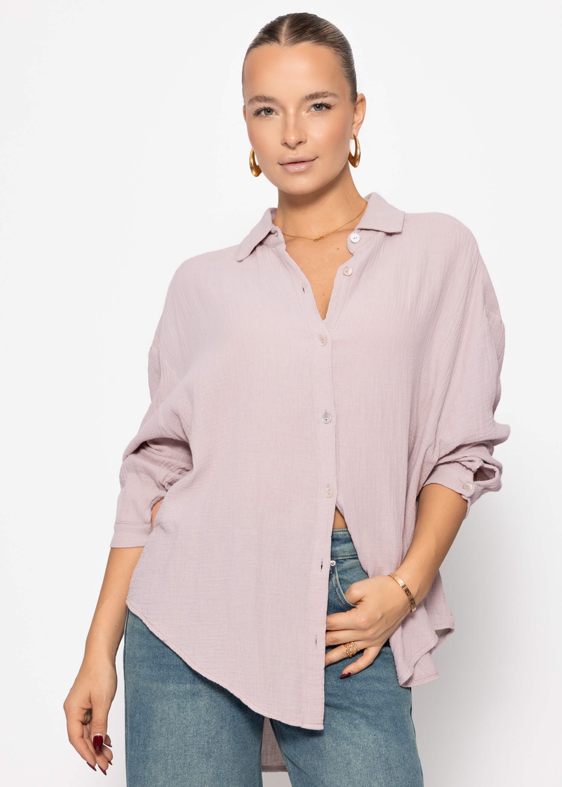 SASSYCLASSY Longbluse Oversize Musselin Bluse Damen kurz Langarm Elegant He günstig online kaufen
