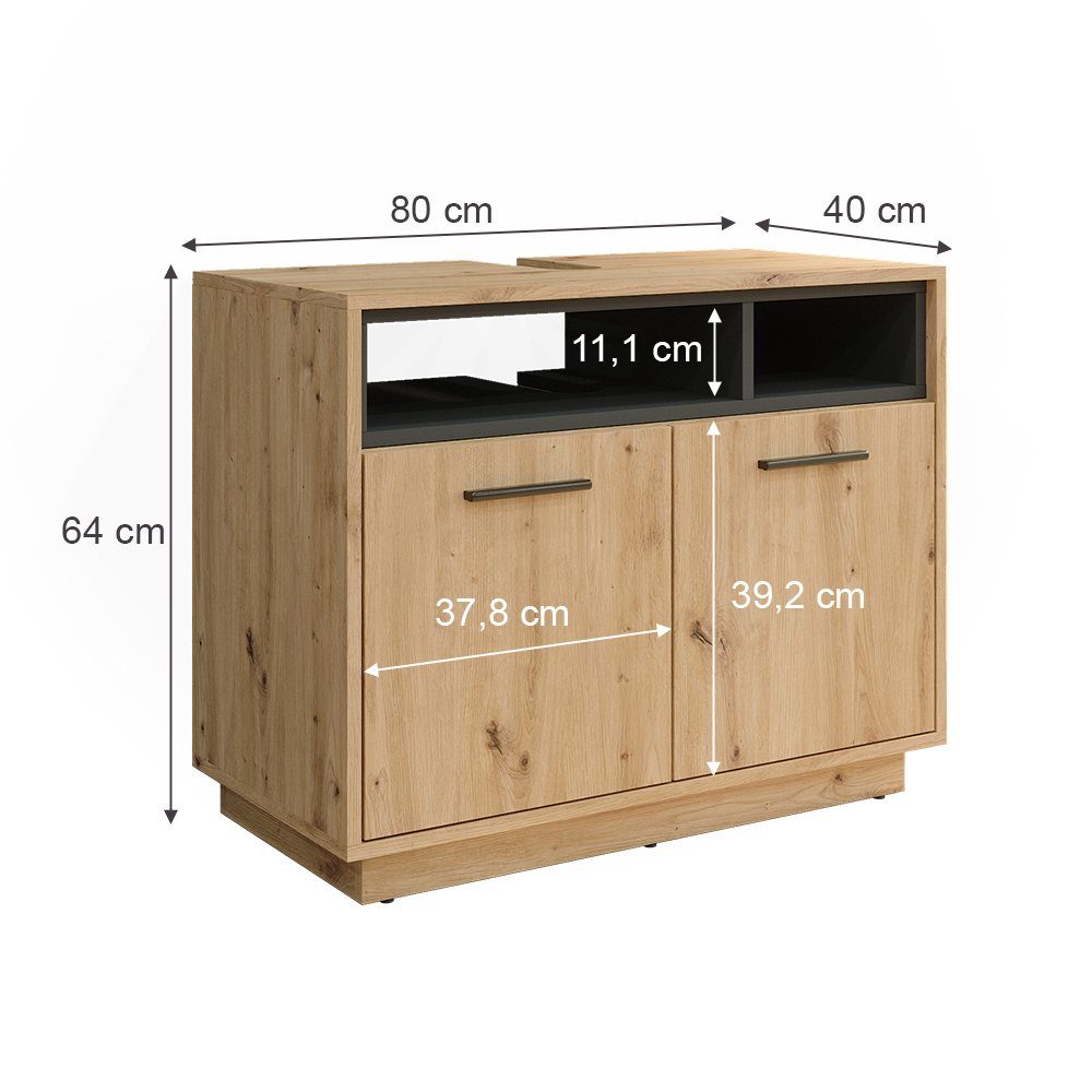 Vicco Waschbeckenunterschrank Beatrice, Eiche/Anthrazit, 80 x 64 cm (1-St) – Bild 4 von 5