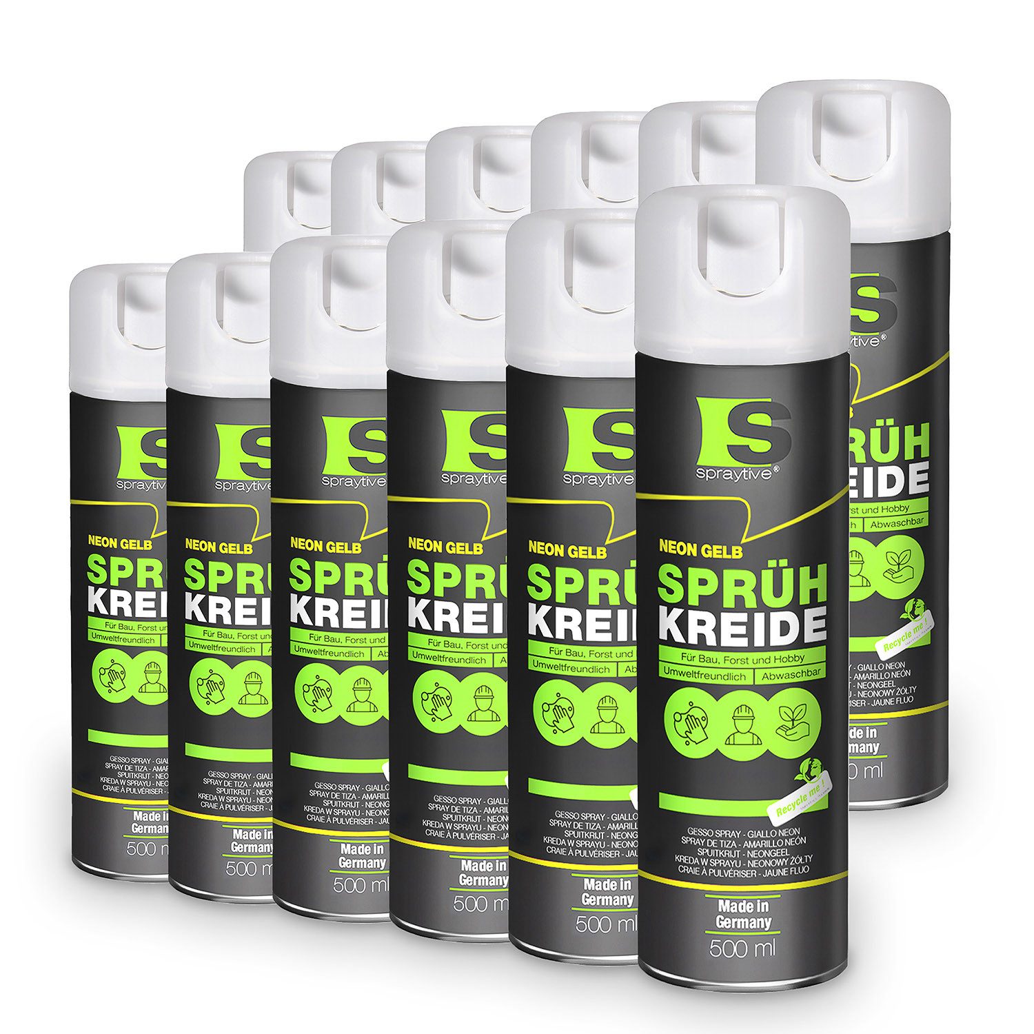 Spraytive Sprühfarbe 12x 500ml Sprühkreide neon-gelb – abwaschbare leuchtende Kreidefarbe, Made in Germany