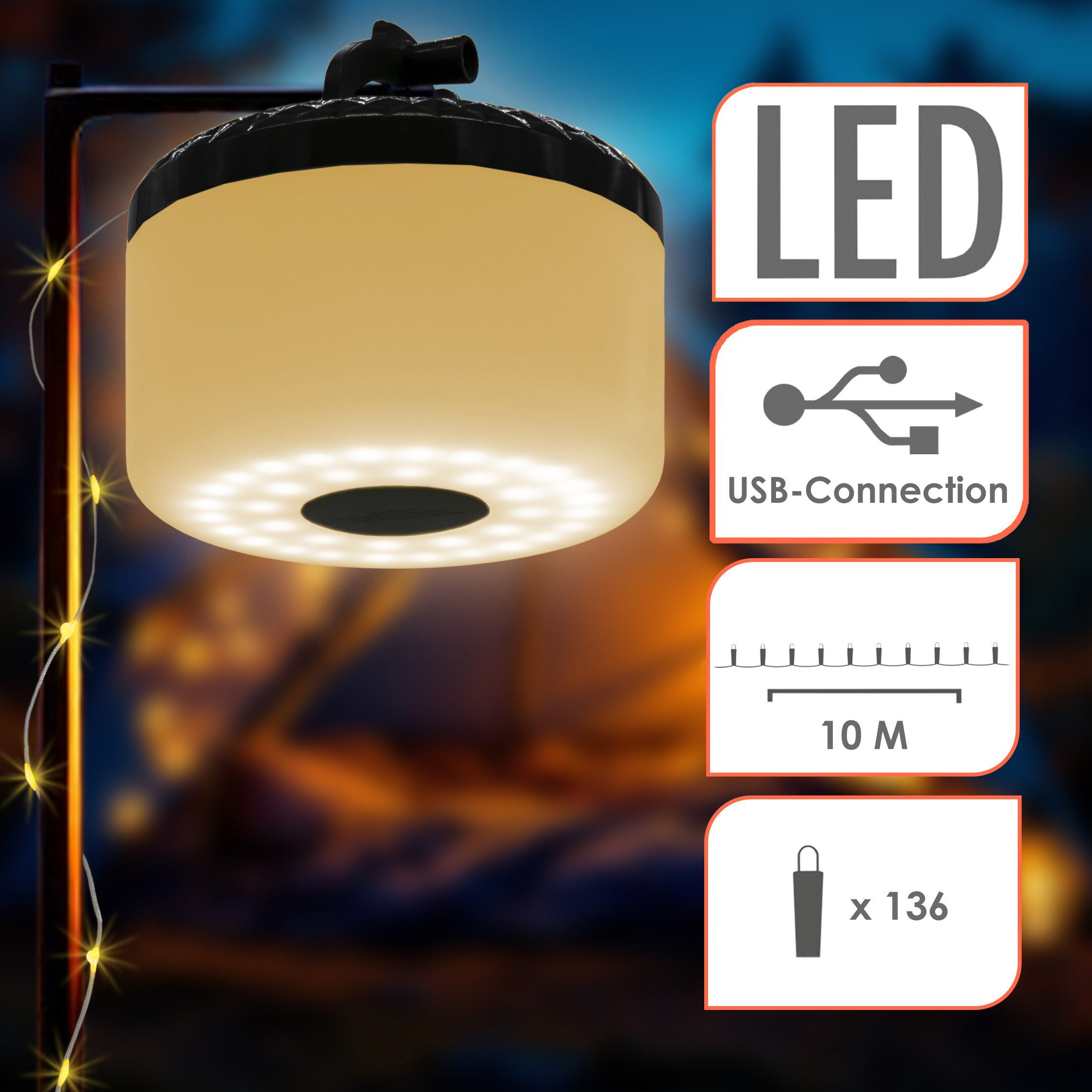Spetebo LED-Lichterkette Campinglampe 2in1 - 10 m / 136 LED, 136-flammig, abrollbar, aufladbar,inklusive Ladekabel