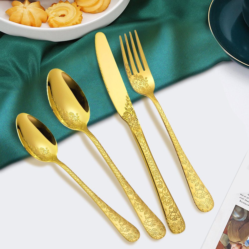 KingLux Besteck-Set 40teilig Gold Essbesteck Set mit Messer Gabel Löffel Spülmaschinenfest (40-tlg), 8 Personen, Edelstahl