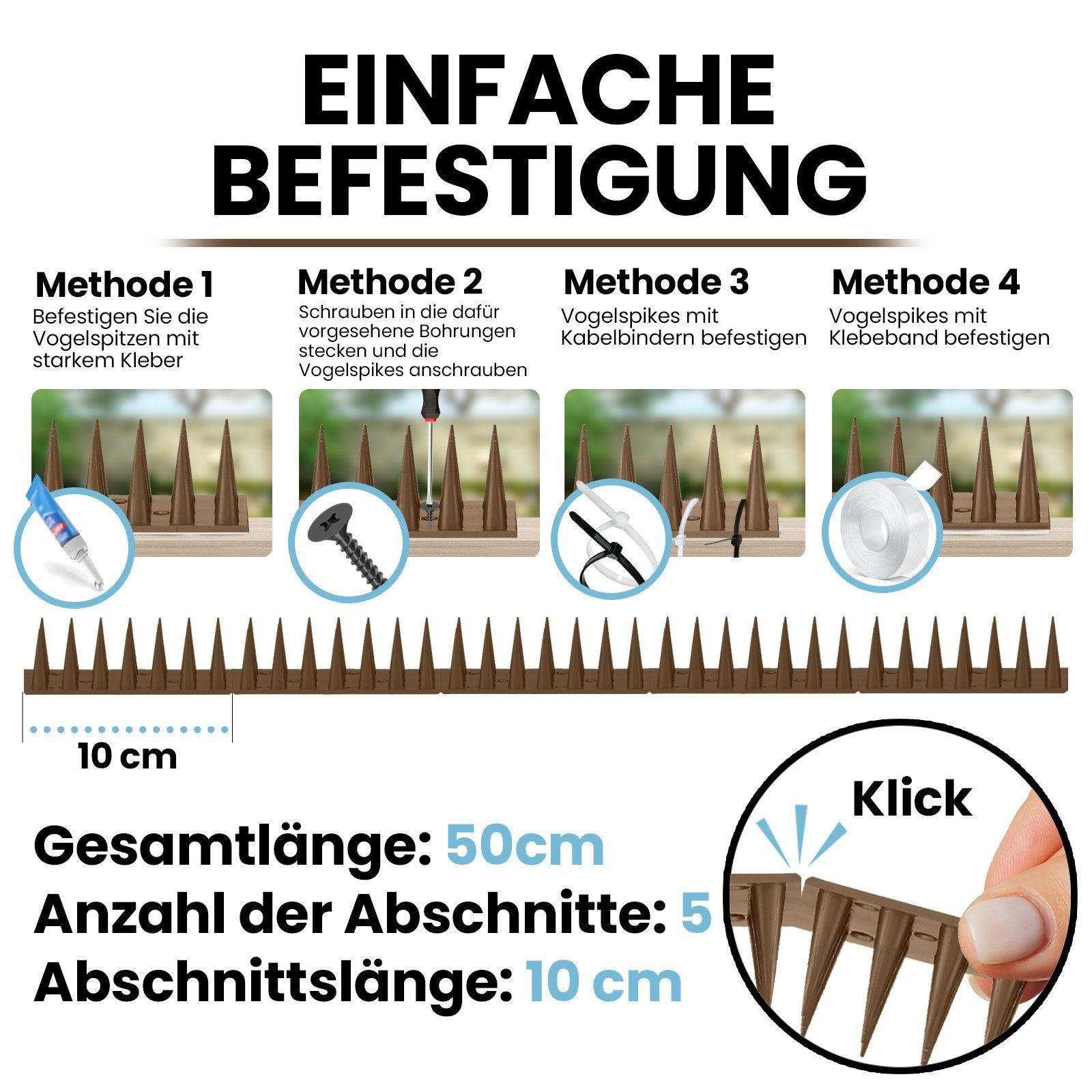 KONZEPT Taubenspikes Taubenabwehr Spikes Vogel, Katzen - für Balkon, Zaun - aus Kunststoff, 3-St., Gesamtlänge: 1,5 Meter, UV-beständig – Bild 5 von 5