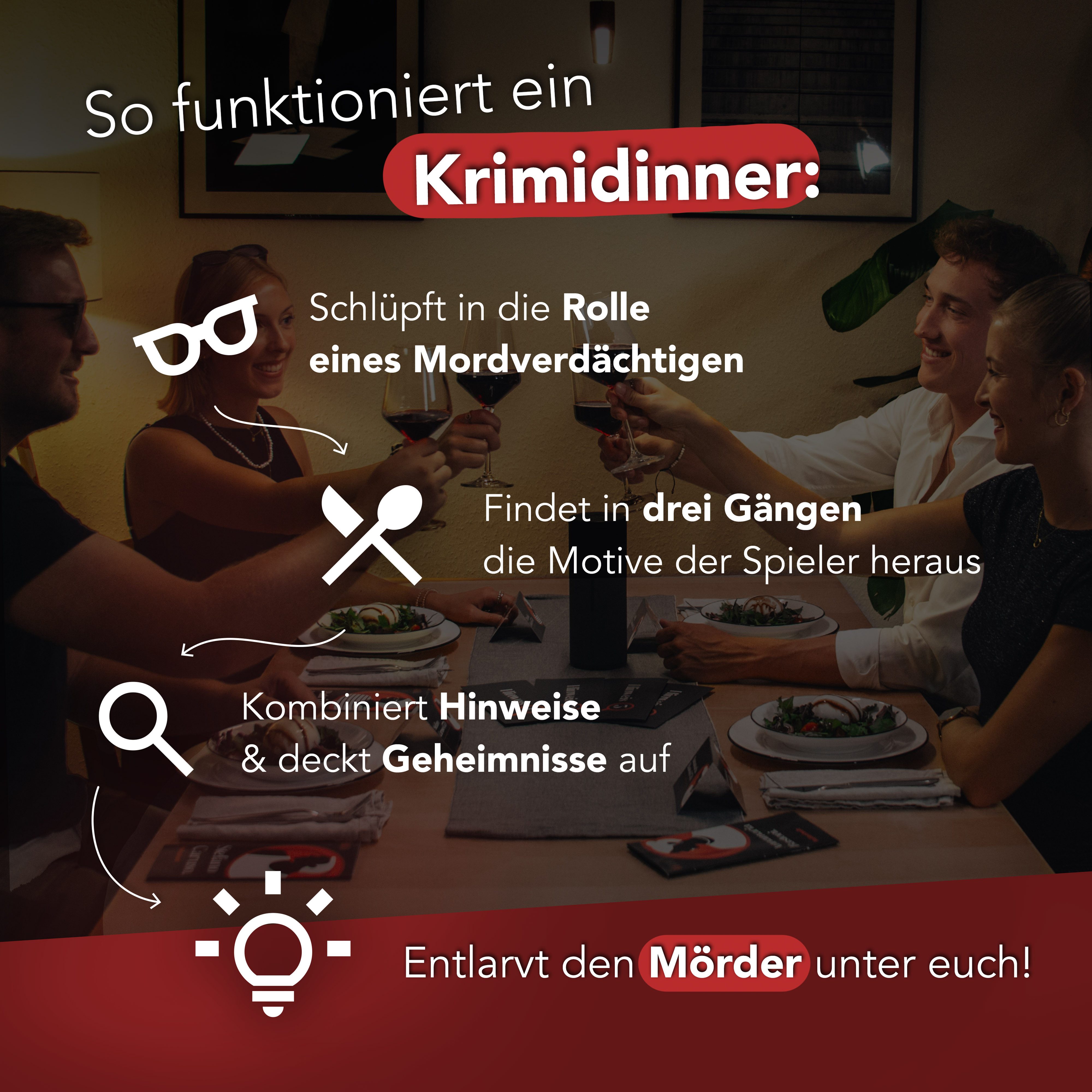 CRIMECASES Hörbuch Krimidinner Spiele 3er Set: 4-10 Spieler, (Mordfall lösen Spiele, Krimispiele), Für 4-10 Personen, begleitende App & Rezeptvorschläge