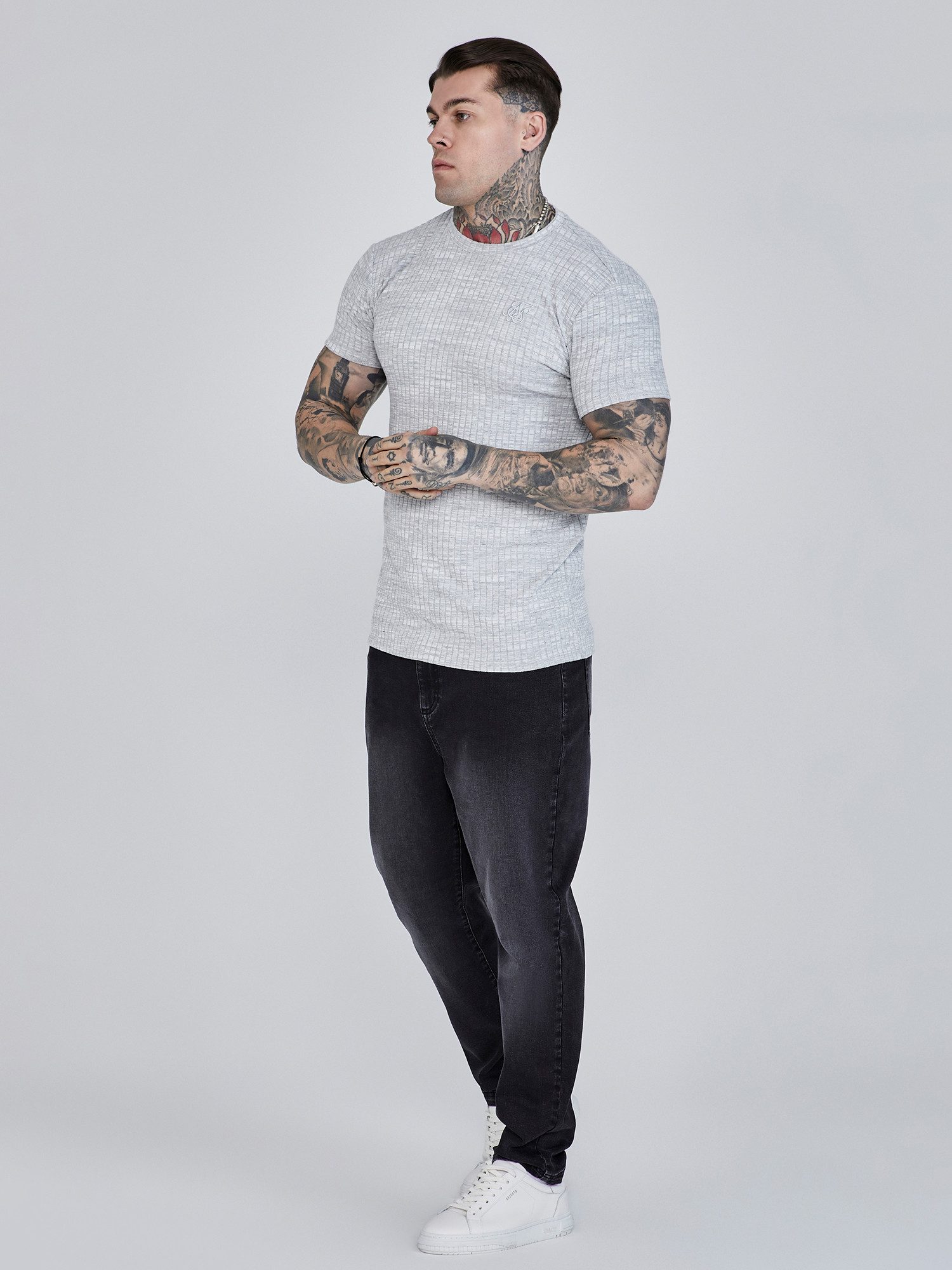 T-Shirt SikSilk Herren Hellgraues Geripptes T-Shirt