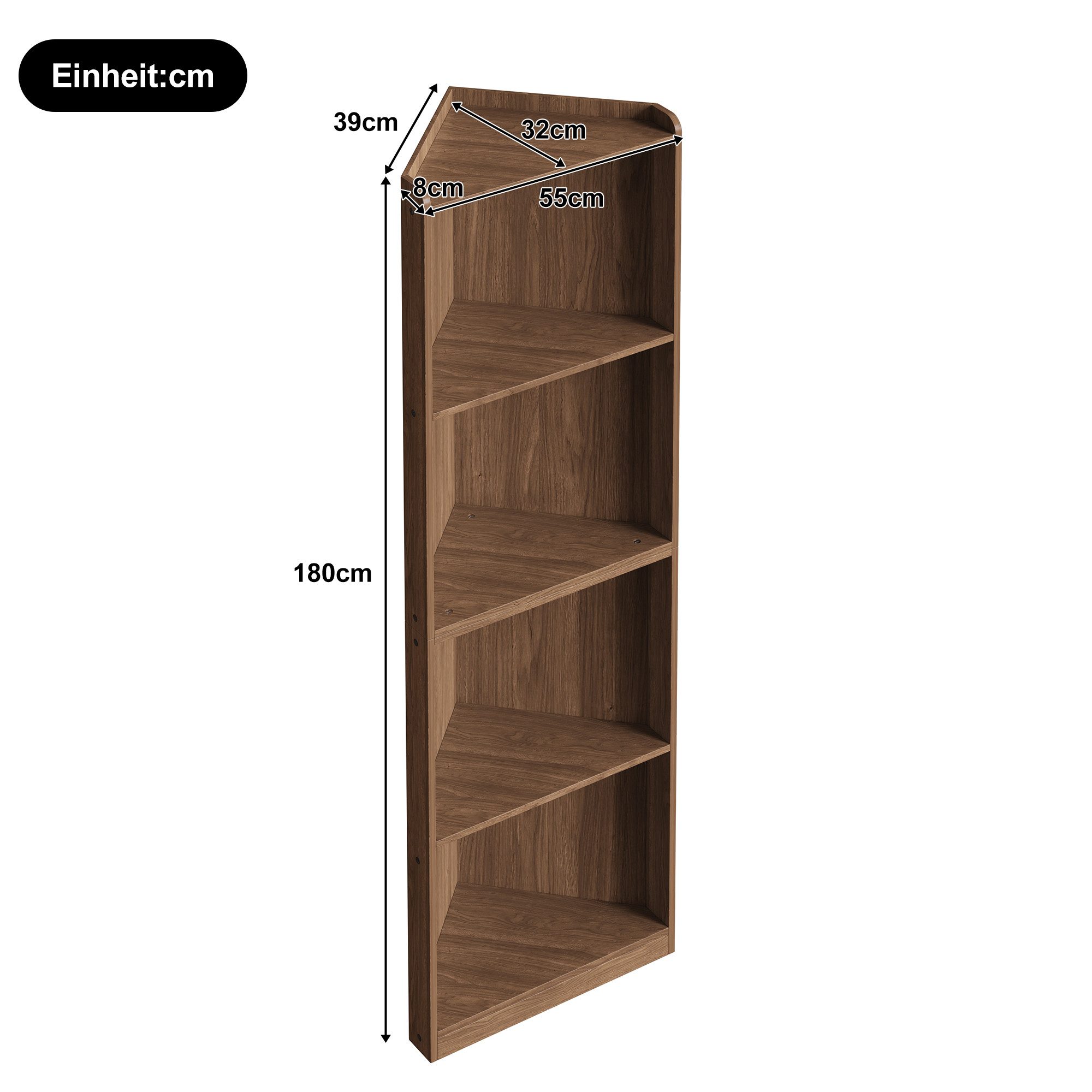 Odikalo Eckvitrine Eckregal Bücherregal mit Kippschutz (55×32×180 cm, hohes Standregal aus MDF in Walnussoptik, platzsparender Eck-Hochschrank für Wohnzimmer & Küche-Vitrine, Bücherregal)