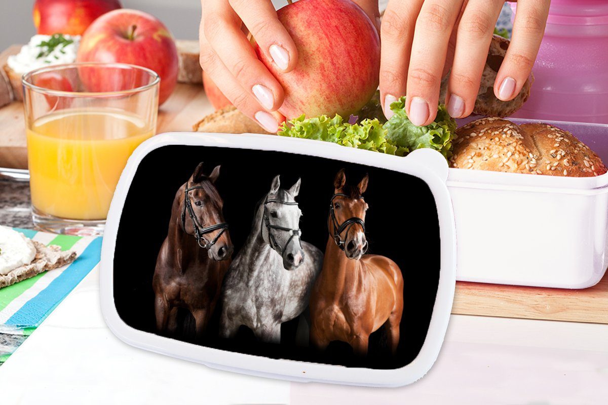 MuchoWow Lunchbox Pferde - Tiere und und Brotdose, Mädchen für weiß für (2-tlg), Erwachsene, Kunststoff, Jungs - Schwarz, Brotbox Kinder