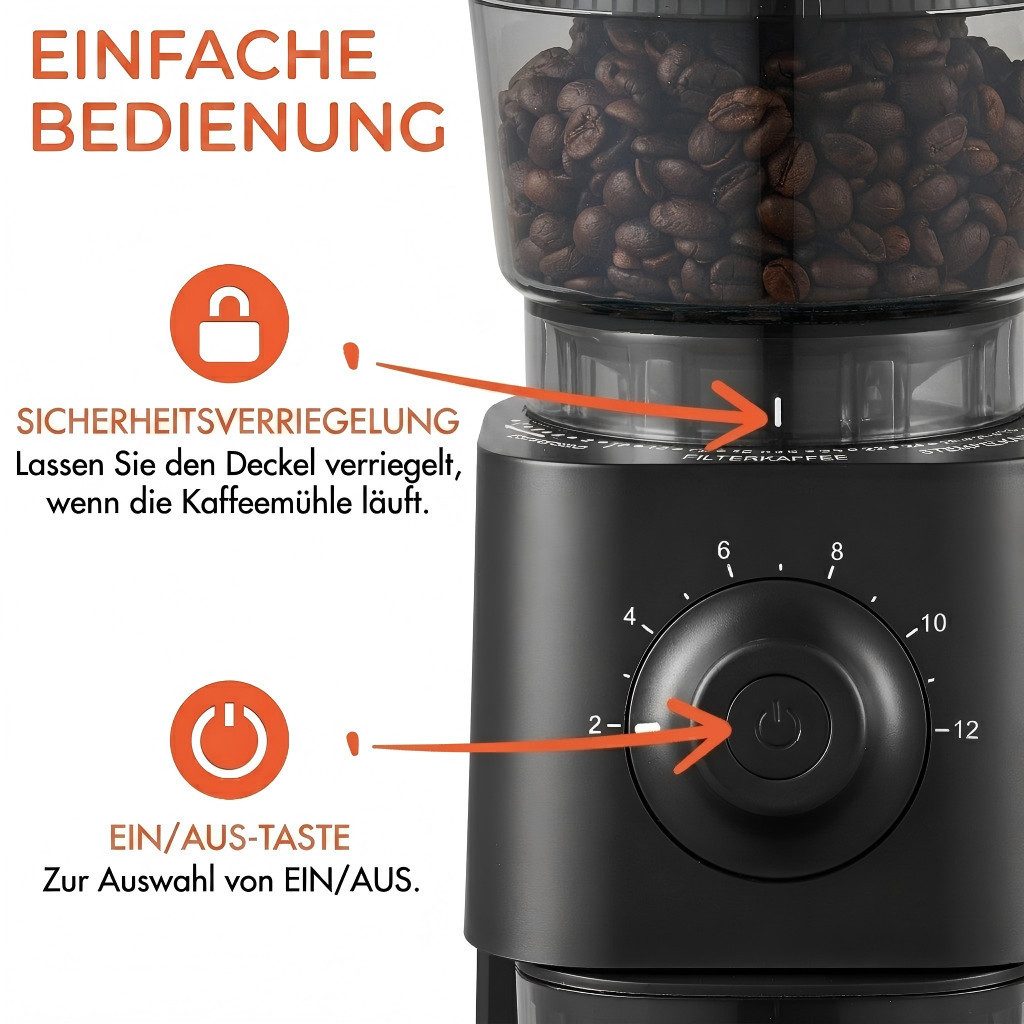 CHEFFANO Kaffeemühle Elektrische Kaffeemühle mit Kegelmahlwerk, 30 Mahlgrade, 150 W, Kegelmahlwerk, Langlebiger konischer Fräser