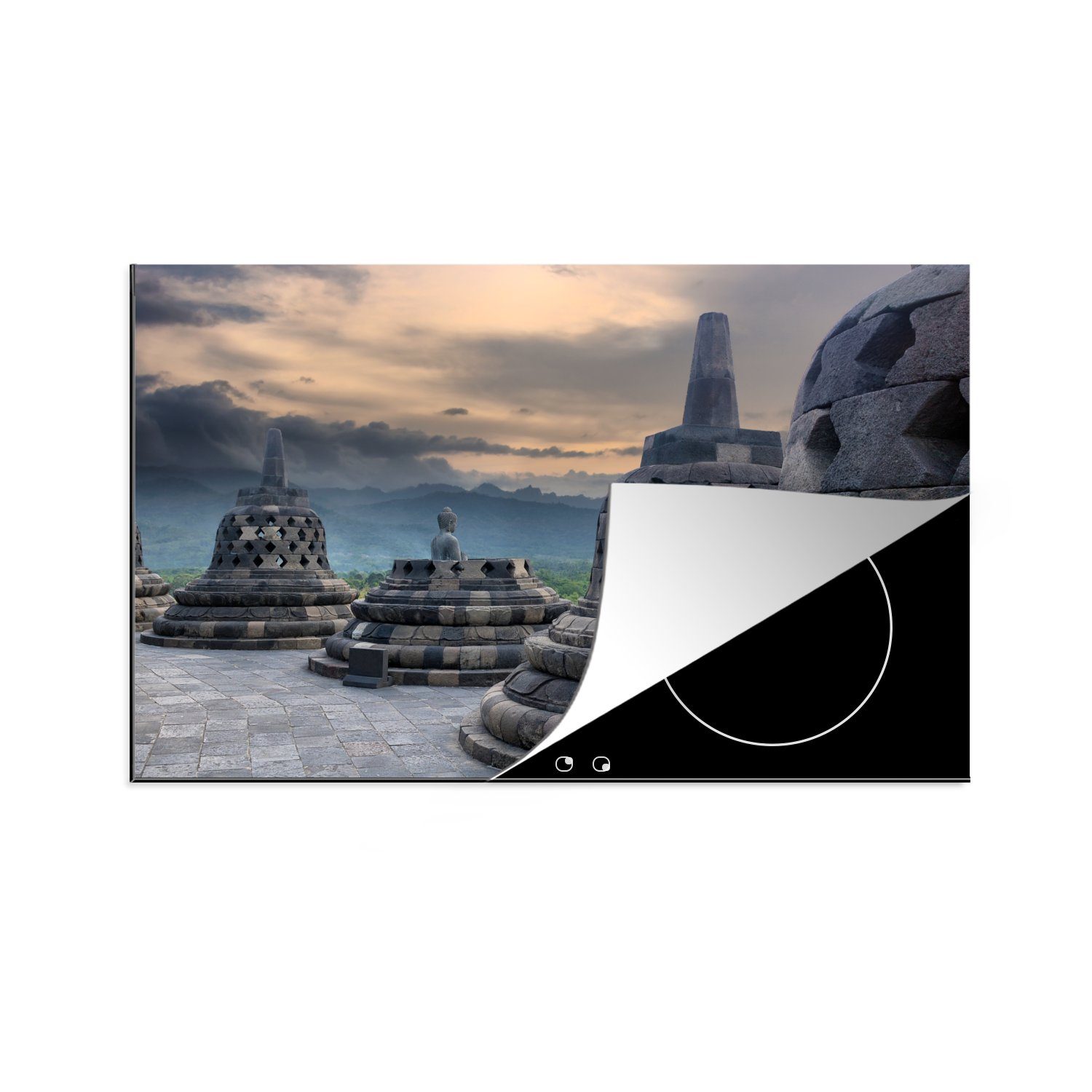 MuchoWow Herdblende-/Abdeckplatte Dunkle Wolken über dem Borobudur-Tempel, Vinyl, (1 tlg), 81x52 cm, Induktionskochfeld Schutz für die küche, Ceranfeldabdeckung