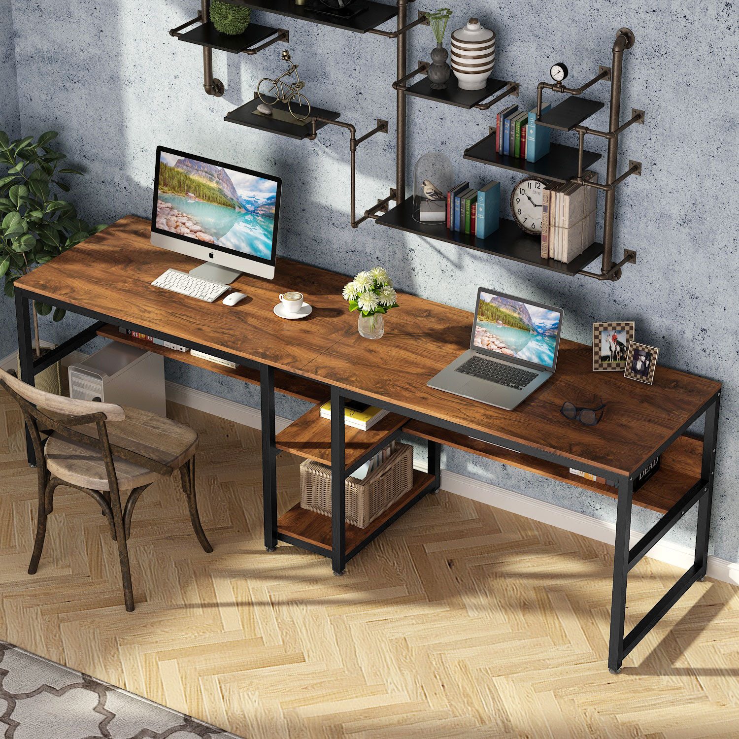 Tribesigns Doppelschreibtisch Schreibtisch, Computertisch mit Regalen, 200 cm Bürotisch