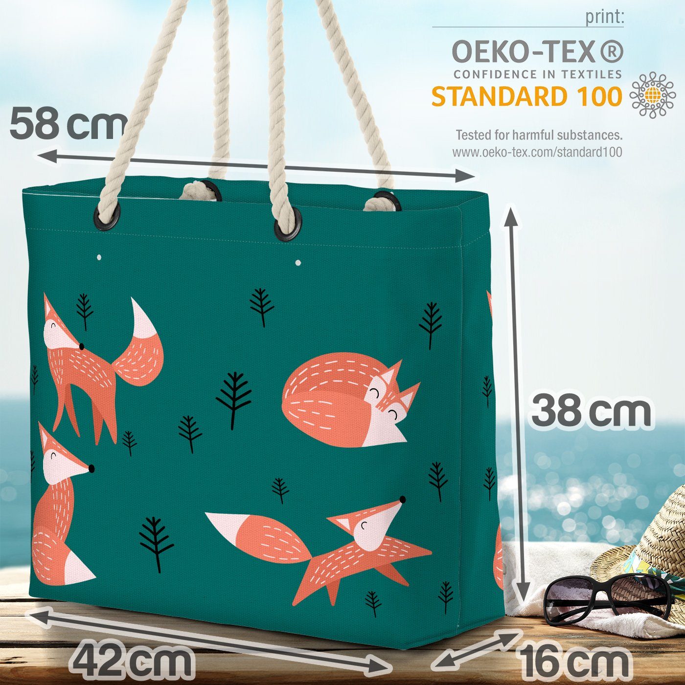 VOID Strandtasche (1-tlg), Fuchs Wald Märchen Winter Beach grün Bag Waldtiere Weihnachten Pflanzen Sommer