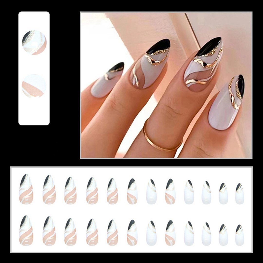 Weiß Kunstfingernägel Spitze mit TUABUR Fashion Glitter & Schwarz Stück, Runde Kunstnägel, 24 1-tlg.