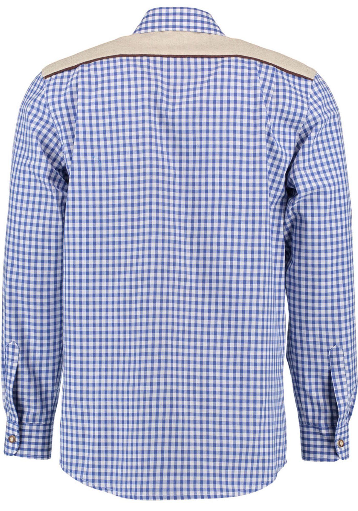 OS-Trachten Trachtenhemd Draker Paspeltasche, auf mit Langarmhemd Edelweiß-Stickerei der Knopfleiste mittelblau