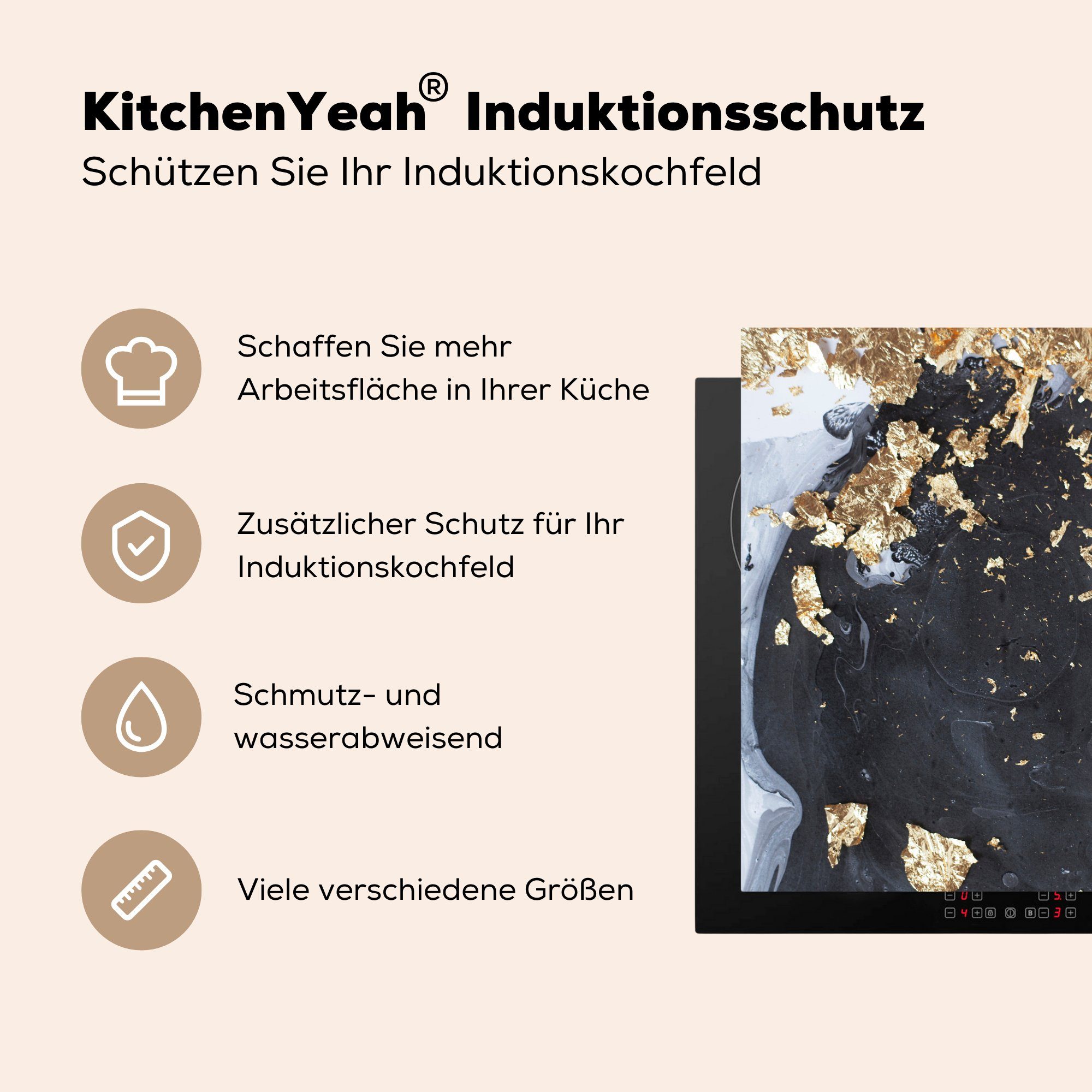 MuchoWow Herdblende-/Abdeckplatte Marmor - Weiß cm, Schwarz - Ceranfeldabdeckung, 78x78 küche - (1 tlg), Vinyl, Gold, für Arbeitsplatte
