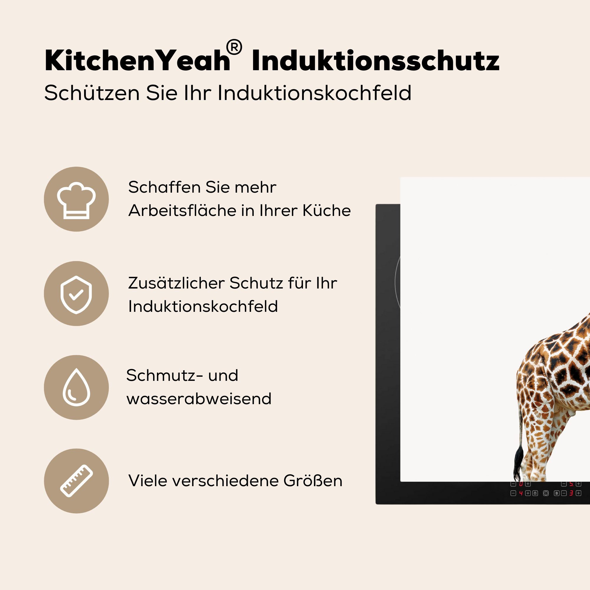- küche - - Hintergrund (1 Giraffe Weißer 81x52 Junge Kinder Herdblende-/Abdeckplatte MuchoWow cm, tlg), für Arbeitsplatte Tiere Mädchen, Ceranfeldabdeckung, - - Vinyl,