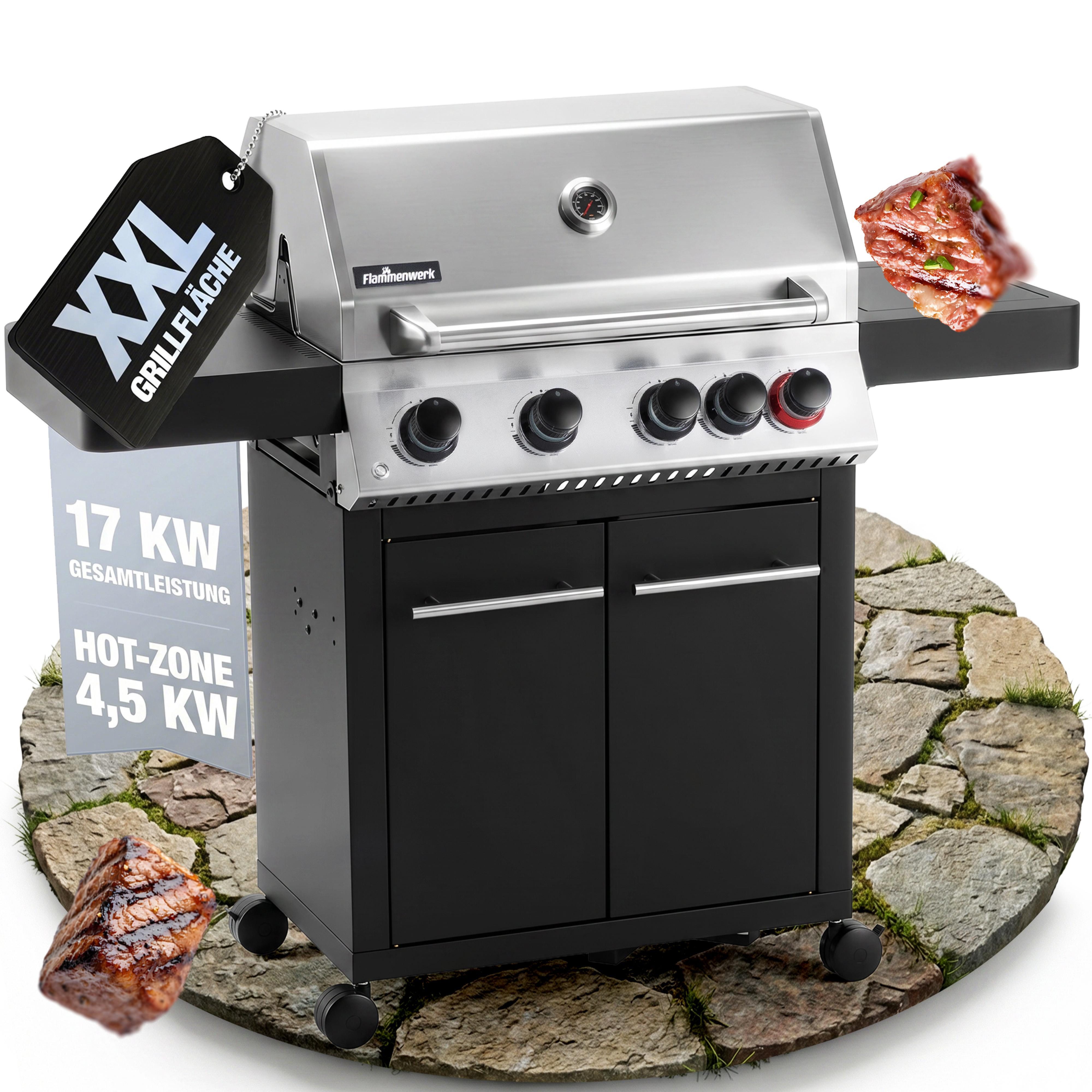 Flammenwerk Gasgrill Grill 4+1 Brenner – 17kW Gesamtleistung, LED-Beleuchtung, Hot Zone & Seitenkochfeld + Gusseisen Grillrost