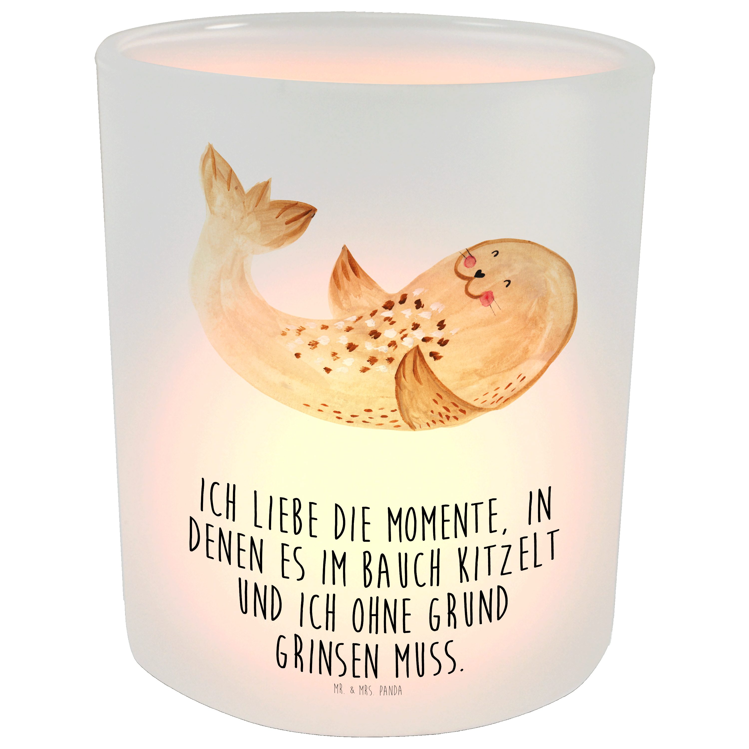 Mr. & Mrs. Panda Windlicht Robbe liegend - Transparent - Geschenk, Robben, Kerzenlicht, Gute Lau (1 St) | Windlichter