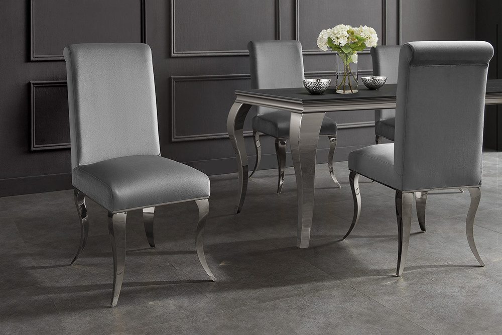 riess-ambiente Esszimmerstuhl MODERN BAROCK DELUXE grau/silber - Samt, Edelstahl, weich, zeitlos (Einzelartikel, 1 St), weiche Polsterung & Barock Design - ideal für Esszimmer & Schminktisch
