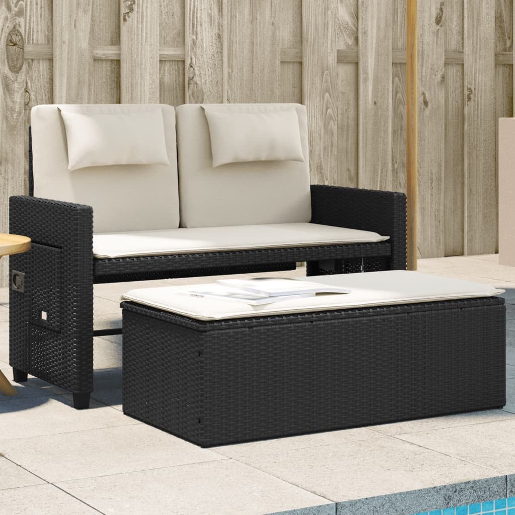 vidaXL Gartenbank, Outdoor Bank Verstellbar mit Kissen Schwarz Poly Rattan