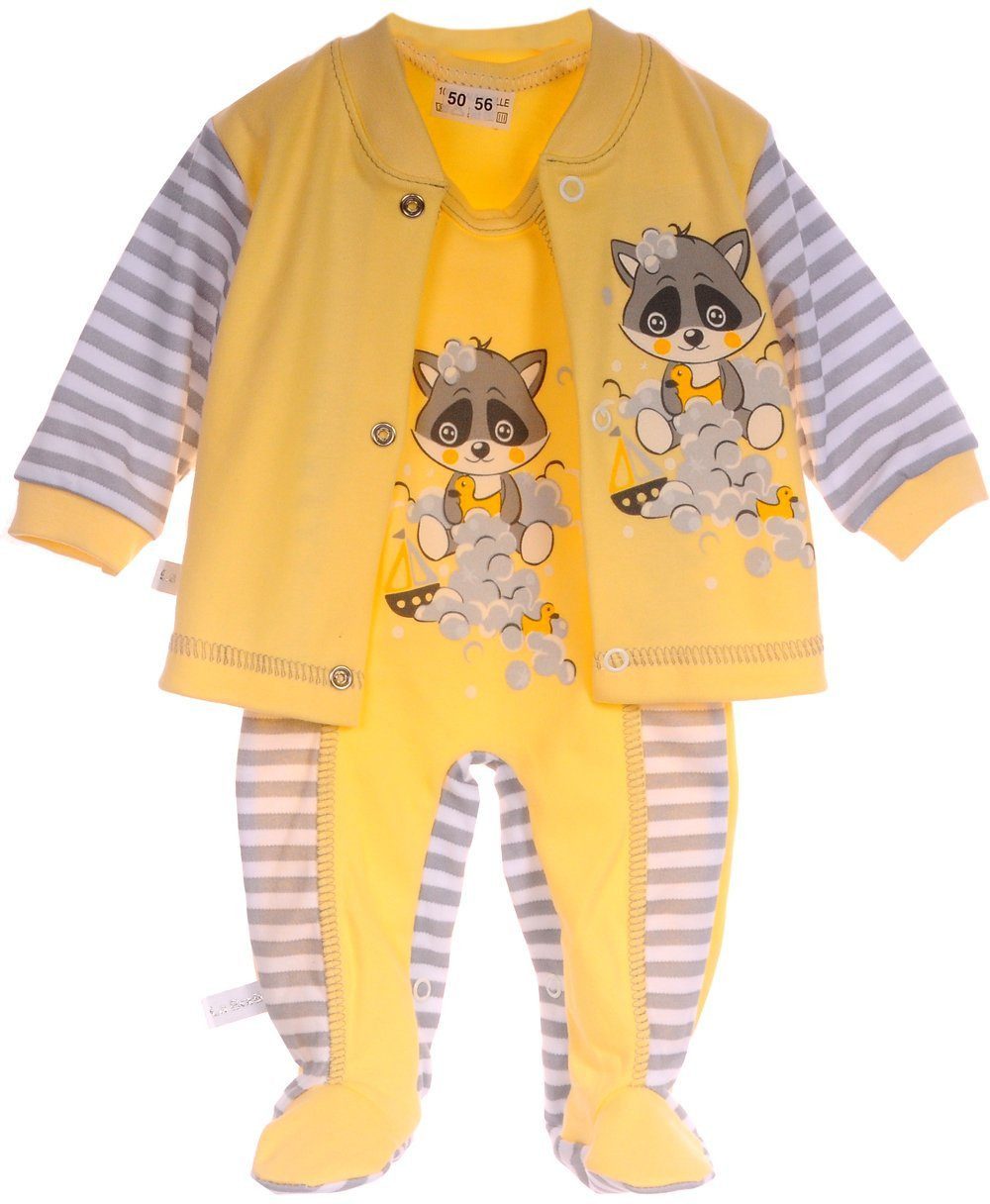 La Bortini Strampler Stramplerhose Hemdchen Set Baby Anzug in Gelb mit Waschbären gestreift aus reiner Baumwolle, 44 50 56 62 68 74 80