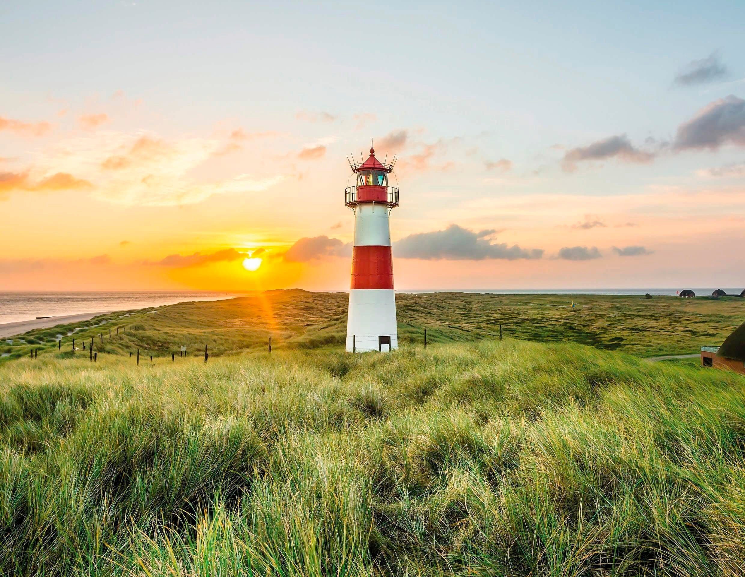 living walls Fototapete Leuchtturm Sylt, glatt, Motiv, abstrakt, naturalistisch, Dünen Tapete Strand Fototapete Wohnzimmer Tapeten Flur Design Optik