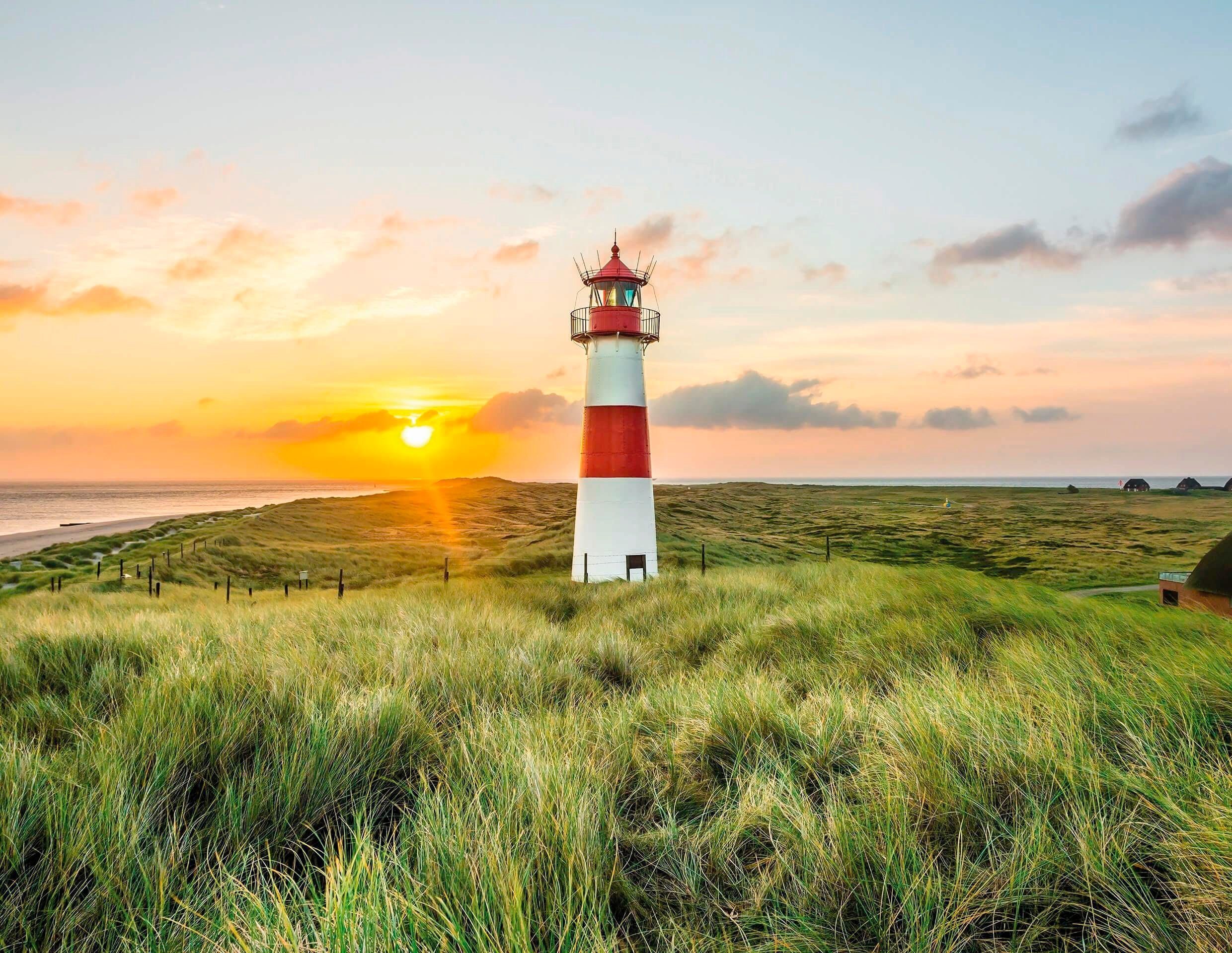 Beige Fototapete Leuchtturm Sylt, 3,36m Strand Dünen glatt, living 2,60m x Tapete Blau Grün walls Fototapete