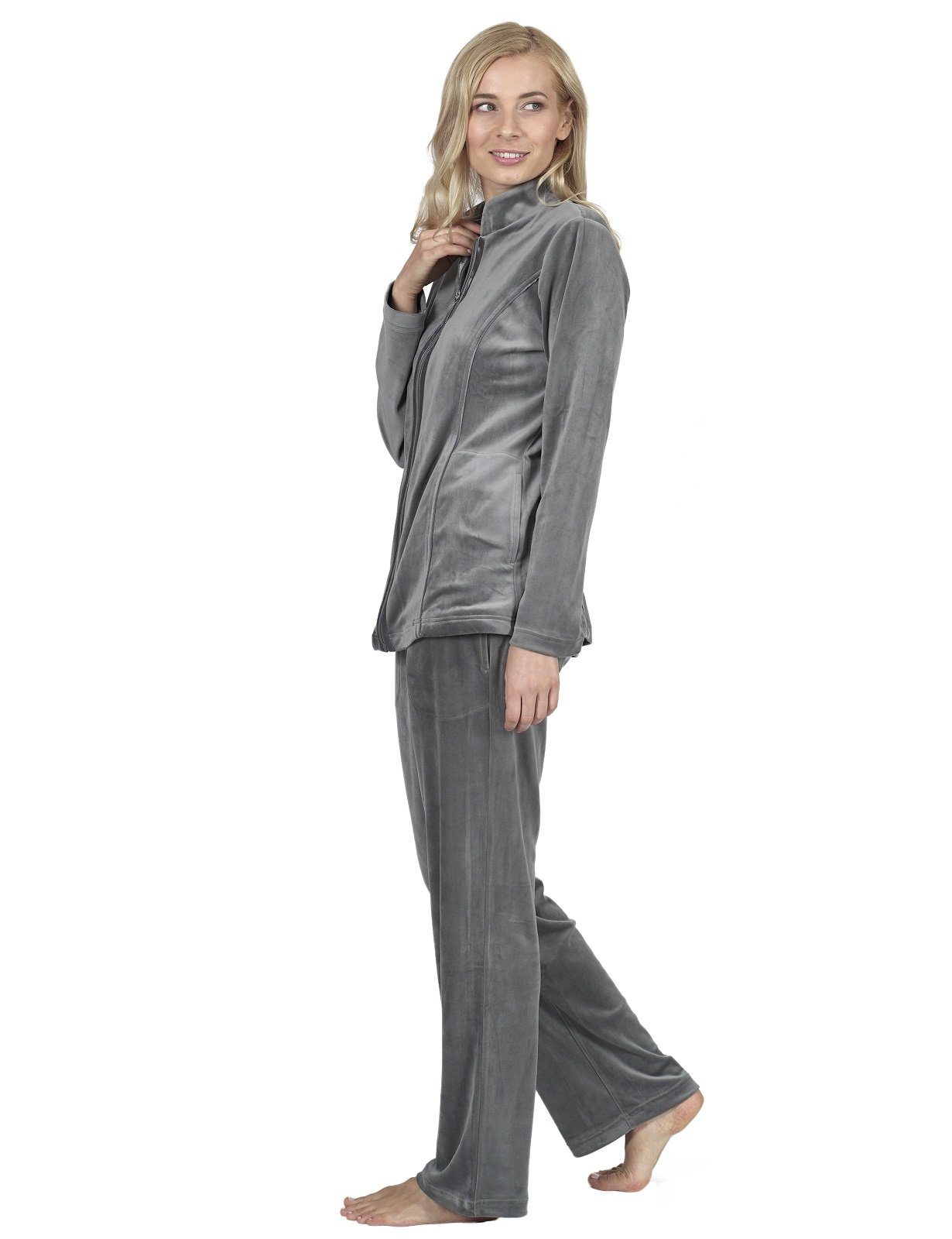 RAIKOU Hausanzug Damen Nicki Hausanzug Homewear mit Freizeitanzug Grau Reißverschluss Paillettenreihen