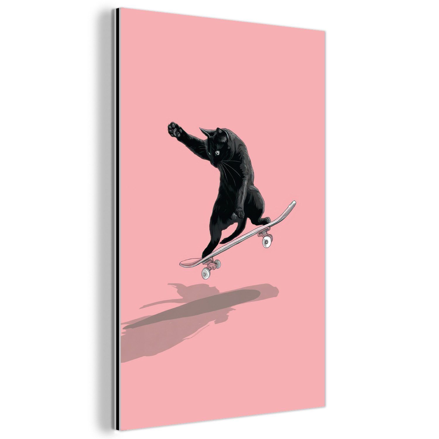 MuchoWow Metallbild Katze - Skateboard - Rosa, Inkl. Aufhängung, Alu-Dibond-Druck, Dekoration aus Metall, Aluminium deko, 80x120 cm