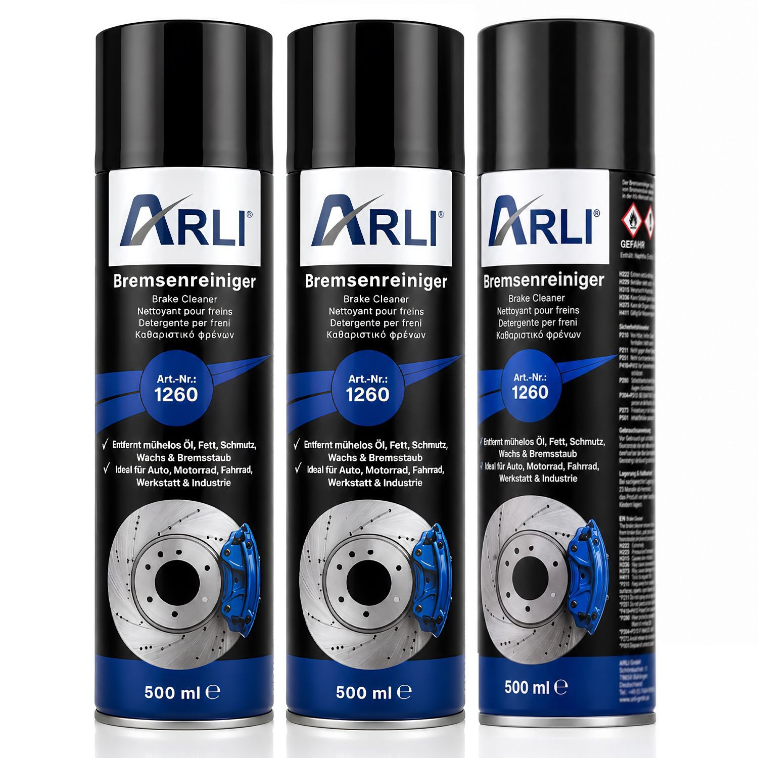 ARLI Bremsreiniger Spray Bremsen Bremsenreiniger (Spar-Set, [3-St. 3er Set 500ml Kupplungsreiniger 360° Aerosol Reiniger)