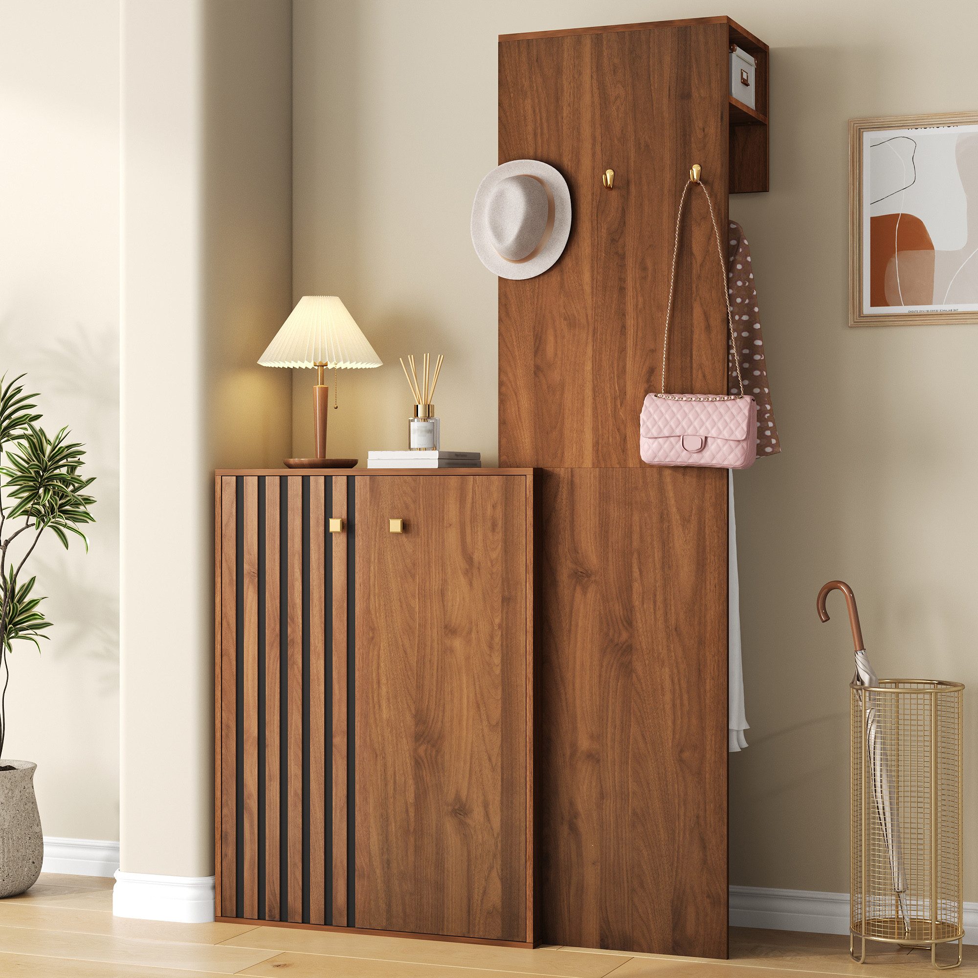 Merax Garderoben-Set mit Stauraum, (1-St., 115 × 38,5 × 191,5 cm), Kompaktgarderobe mit Schuhschrank, Kleiderhaken & Kleiderstange