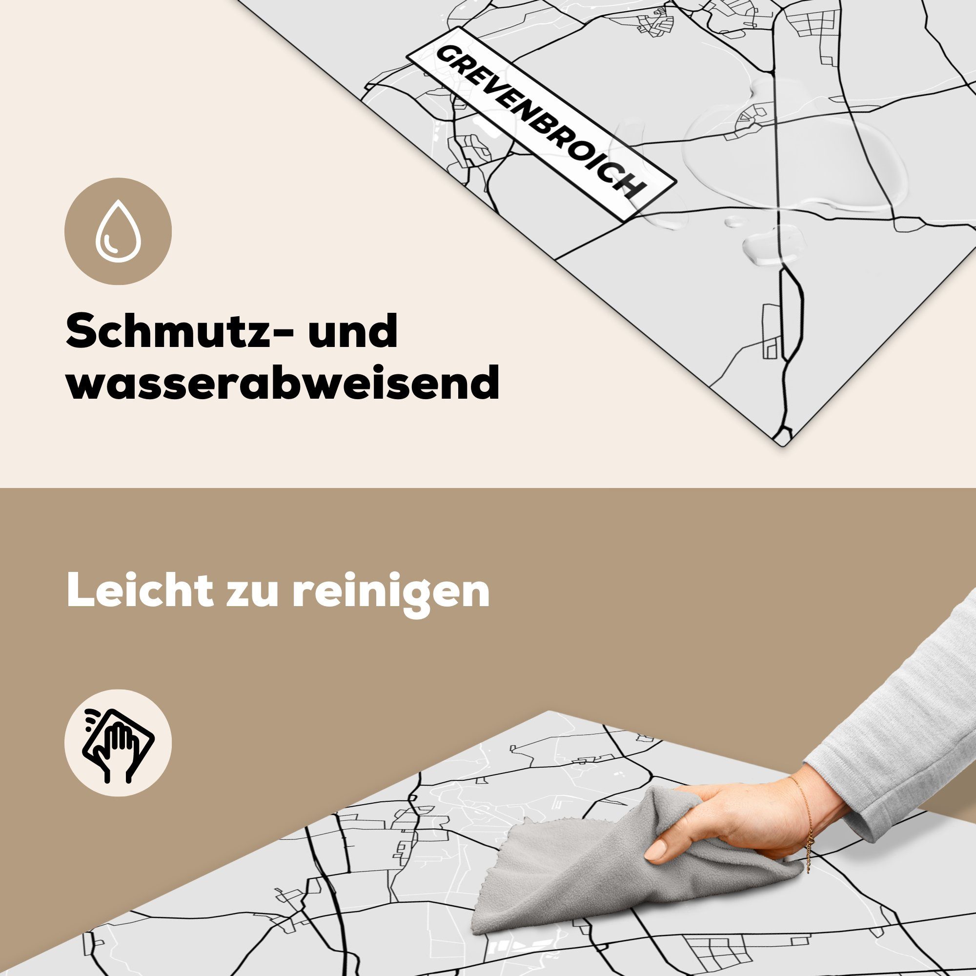 Herdblende-/Abdeckplatte - Vinyl, Karte, Karte für Deutschland Arbeitsplatte küche Grevenbroich - tlg), cm, MuchoWow (1 - 78x78 - Stadtplan Ceranfeldabdeckung,