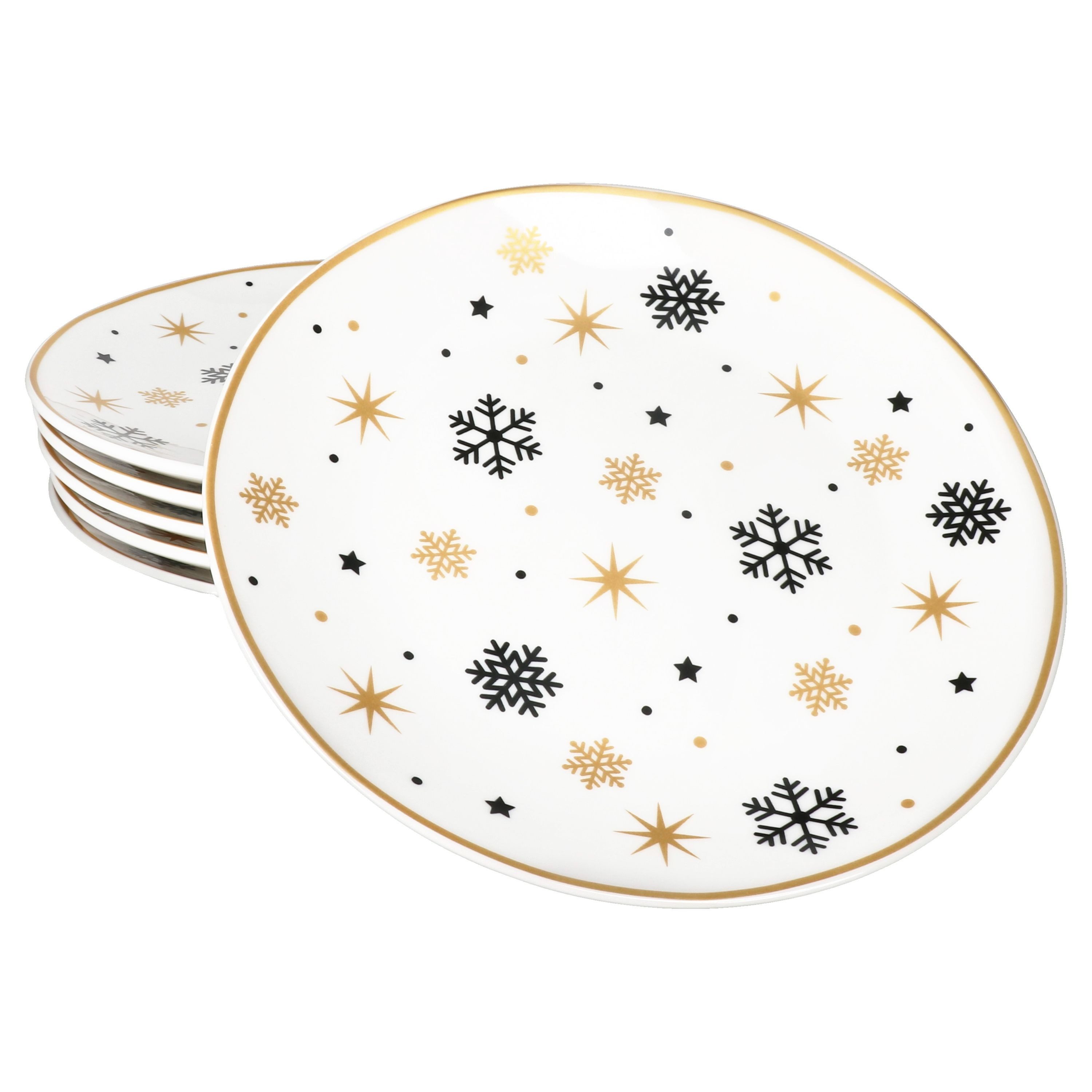 Frühstücksteller 6x Stars schwarz & gold Kuchenteller Steingut 6 Pers. Dessertteller