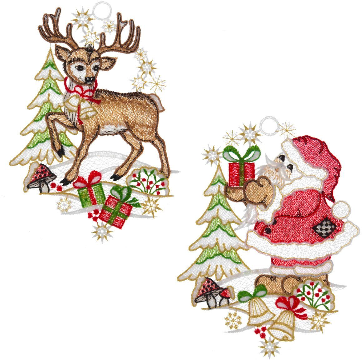 W. Reuter & Sohn - Plauener Spitze® Fensterbild Weihnachtsmann und Hirsch, Made in Germany