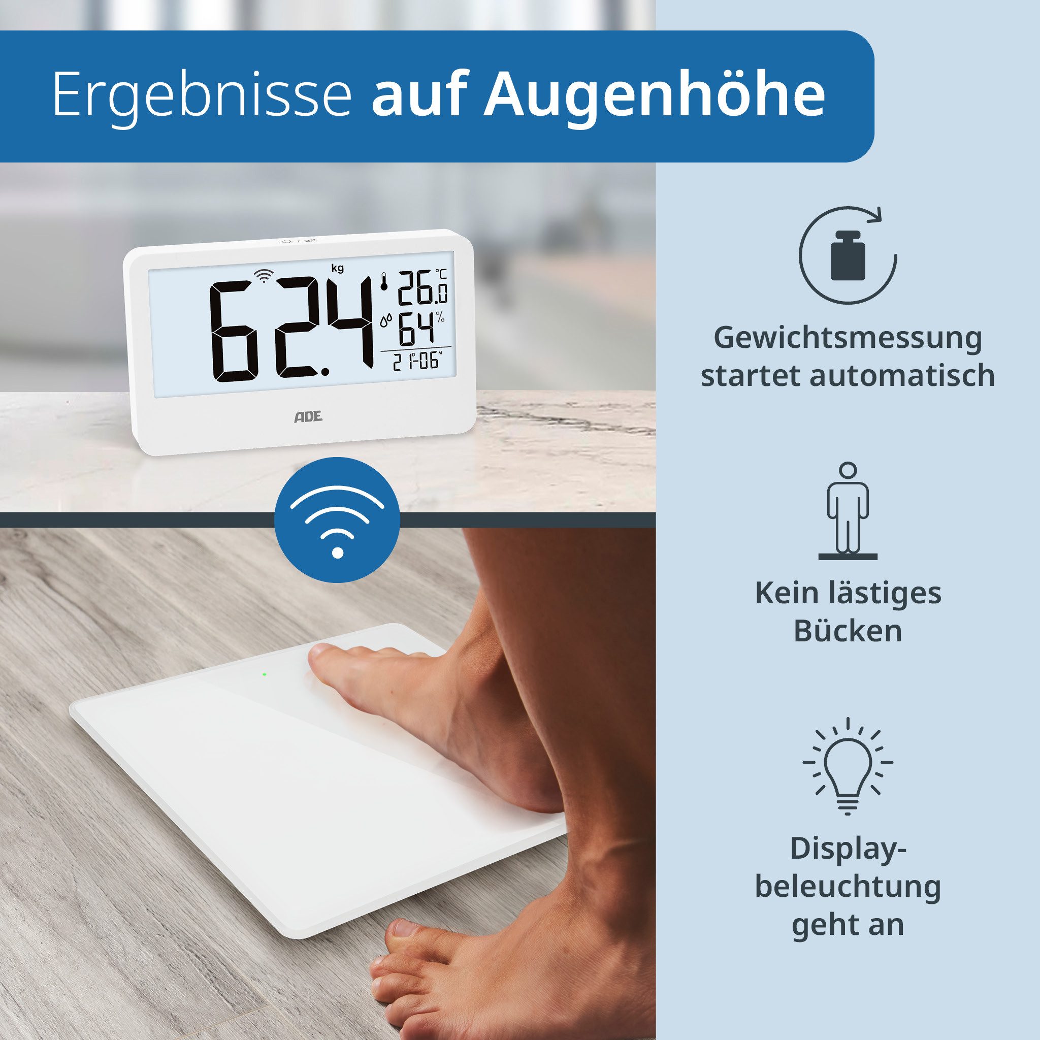 ADE Personenwaage digital mit externem Display, kabellose Funkübertragung, mit Uhrzeit, Thermometer, Hygrometer