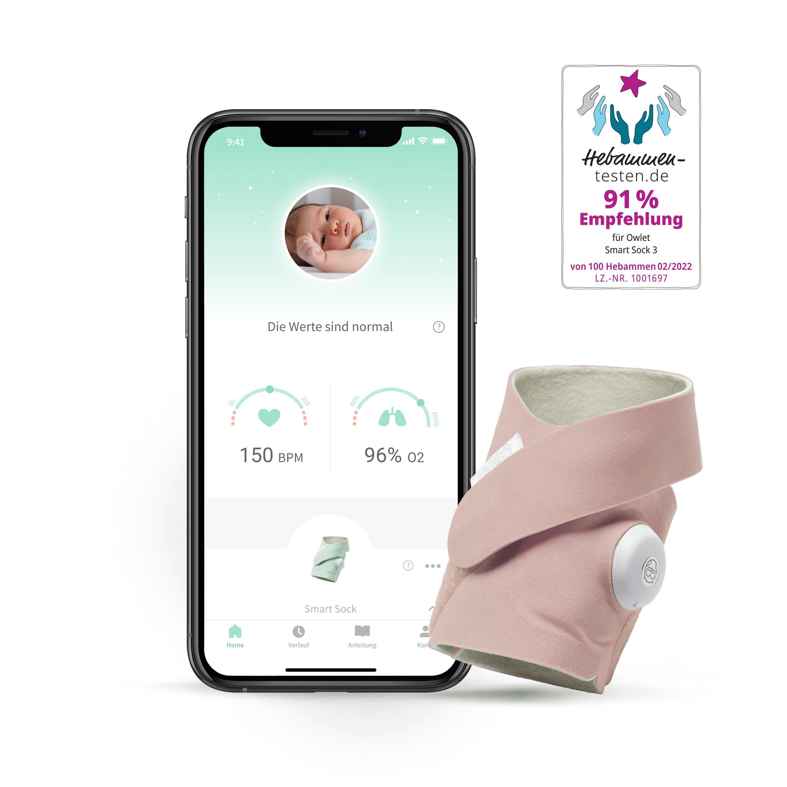 Owlet Altrosa Baby Smart und - Puls- Sock, Sauerstoffmessung Babyphone, 3 Smart DE Care Sock