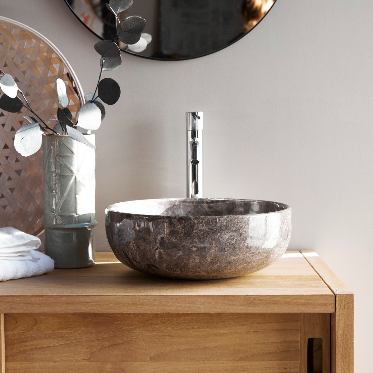 Tikamoon Waschbecken Rundes Marmorwaschbecken Pia light grey