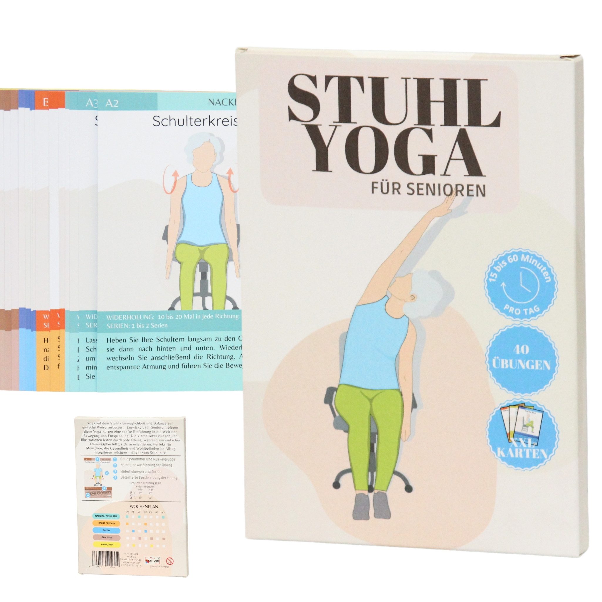 Seniori Trainingshilfe Stuhl Yoga Karten für Senioren XXL Format A5! Übungskarten, Perfekt für das tägliche Training mit Wochenplan
