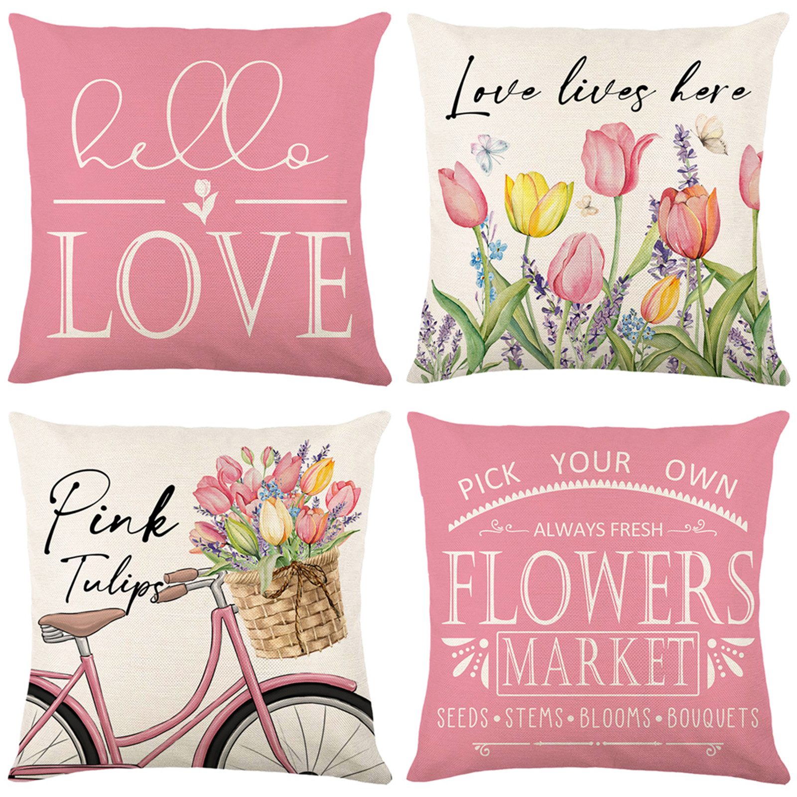 Kissenbezug 4 Stück, Leinen, Floral, Quadratisch, für Bett Wohnzimmer Sofa Deko