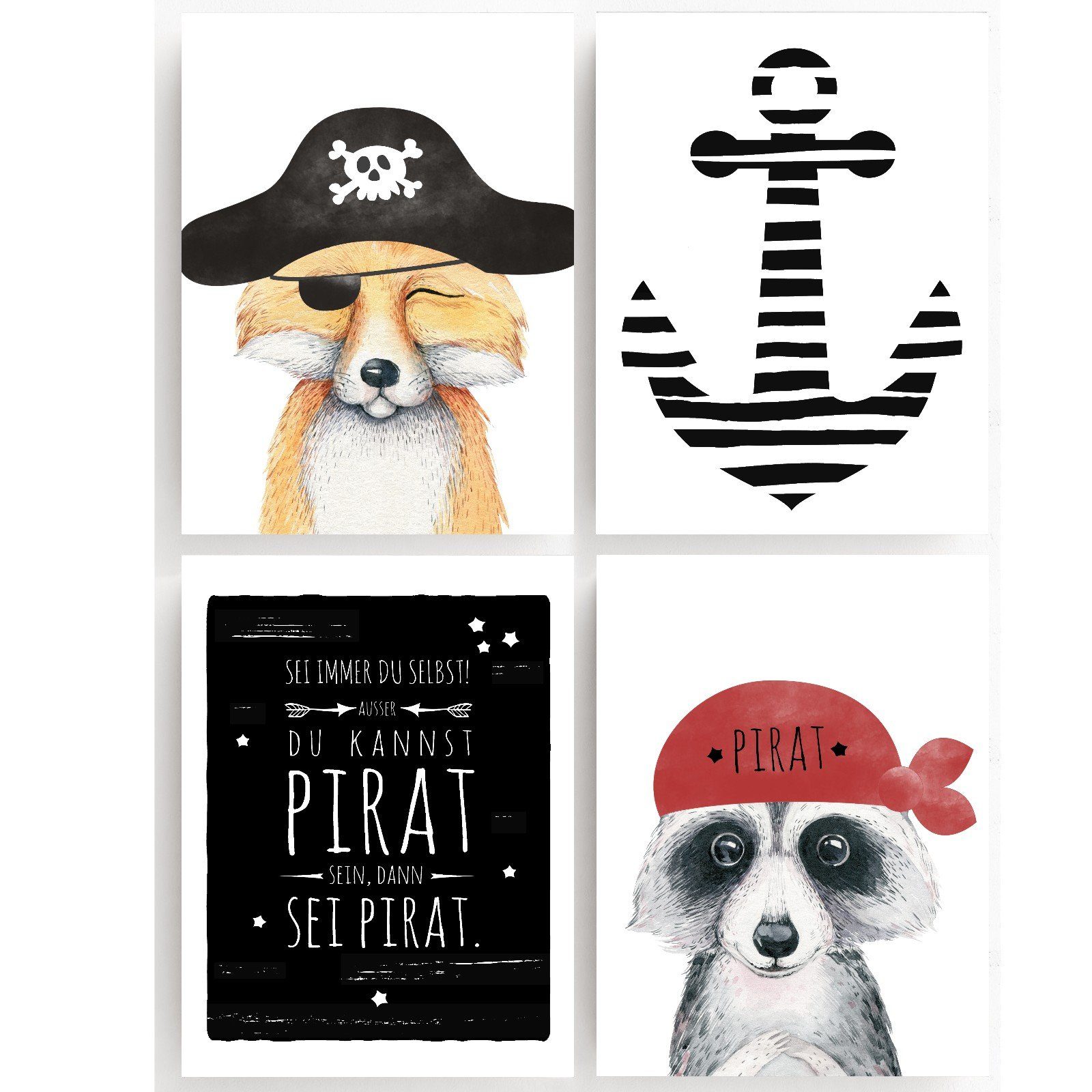homestyle-accessoires Poster Bilderset Kinderbilder Bilder PIRAT FUCHS WASCHBÄR 4er SET, - Ohne Bilderrahmen - sorgfältige & sichere Verpackung
