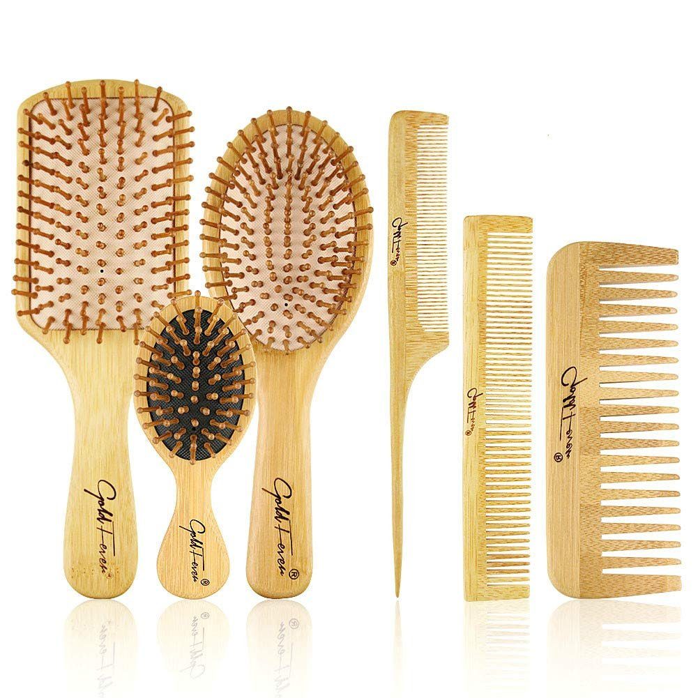COOL-i ® Haarbürsten-Set Bambus Haarbürste 6-in-1,reduziert Frizz, massiert die Kopfhaut., Umweltfreundlich, mit Naturborsten
