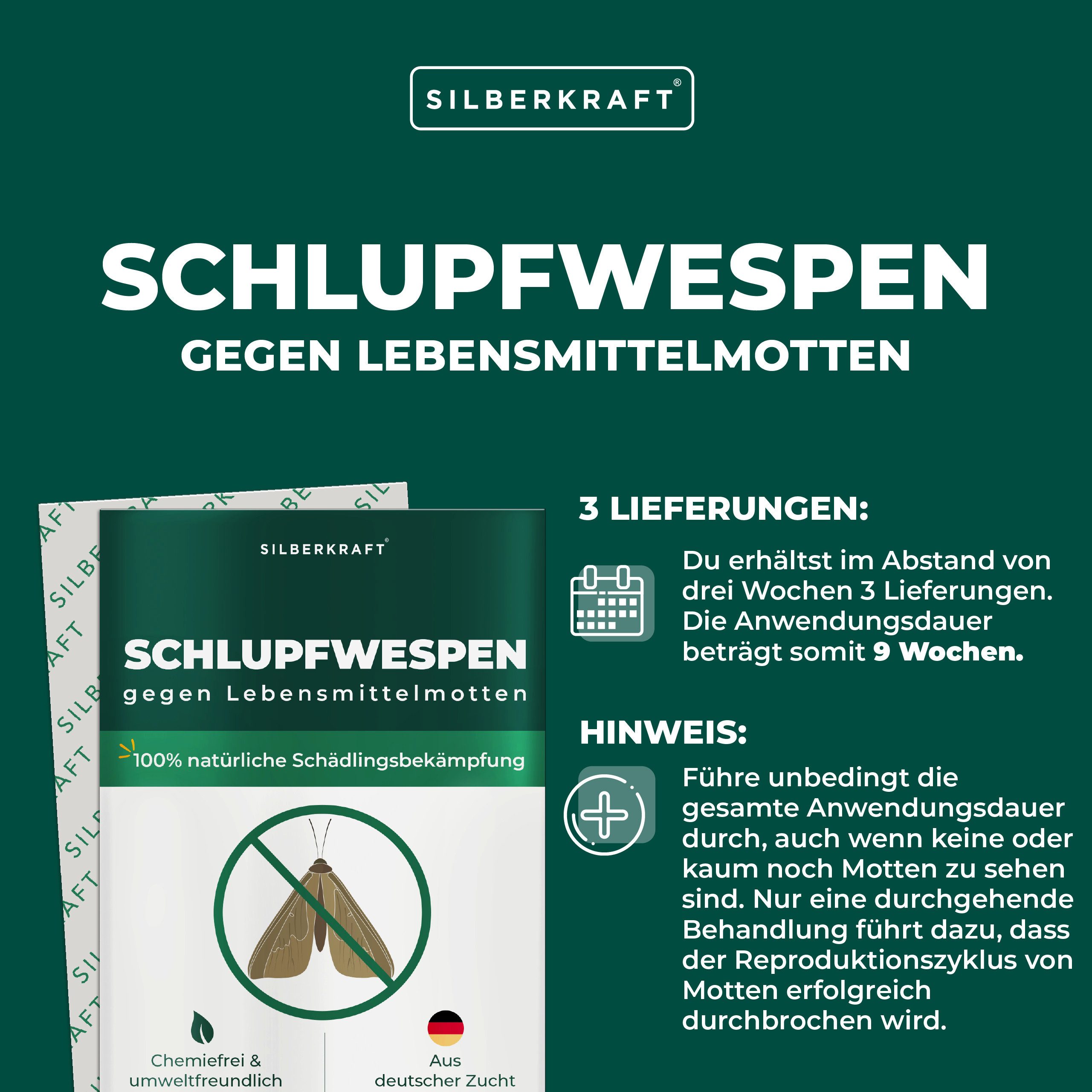 Silberkraft Insektenvernichter Silberkraft Schlupfwespen gegen Lebensmittelmotten, Mottenbekämpfung, 3 Lieferungen je 2 Karten (6 Karten gesamt) über 9 Wochen – Bild 4 von 5
