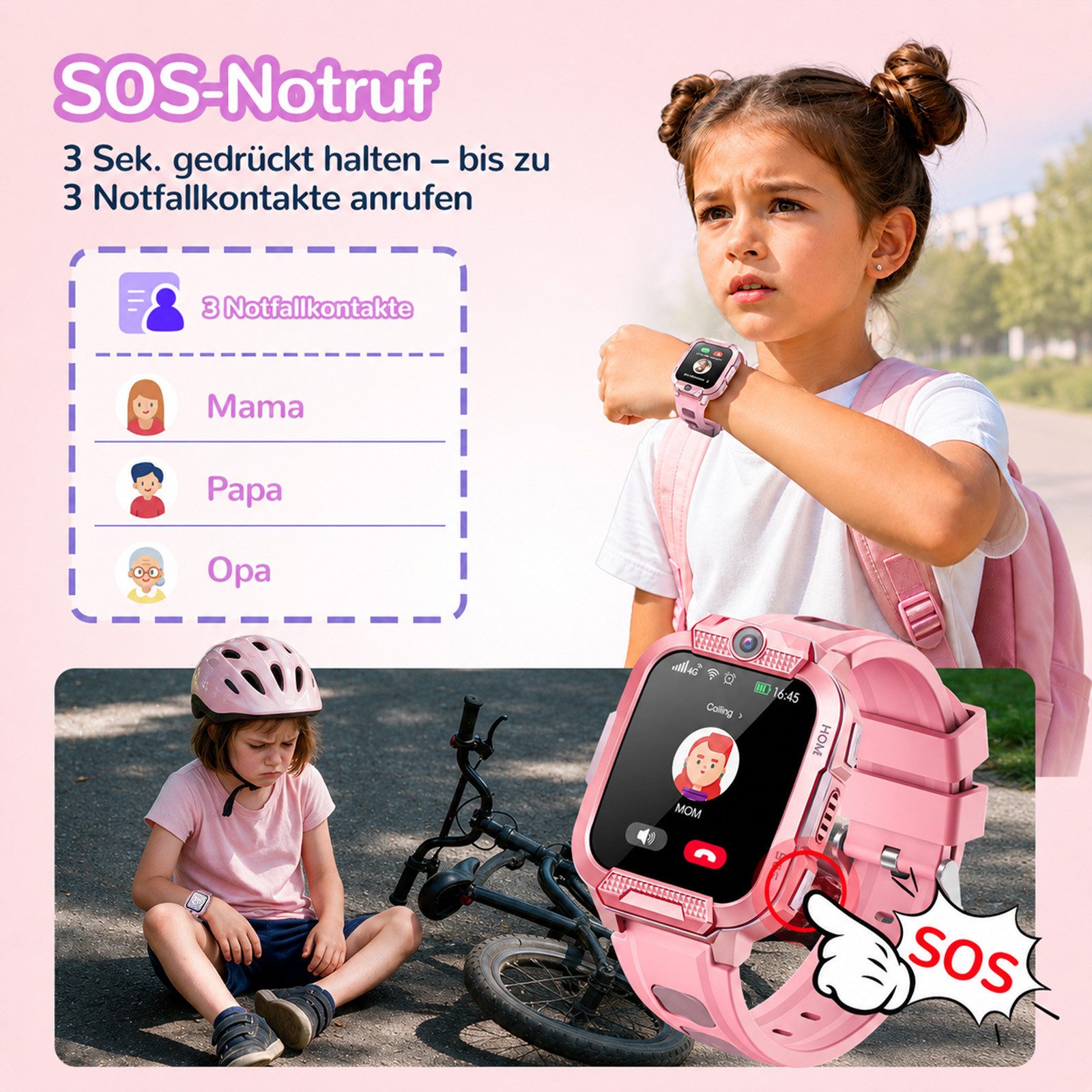 Whraills 2026 4G Kinder Smartwatch mit GPS Telefon Video SOS für Jungen Mädchen Smartwatch 4-fache Ortung (GPS, WLAN, LBS, AGPS), Sicherheitszonen, Eltern App,  – Bild 5 von 5