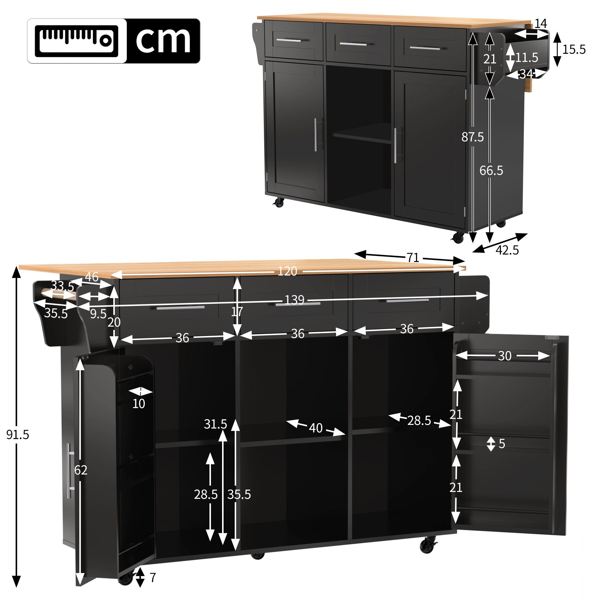 Flieks Küchenwagen mit erweiterbarer Arbeitsplatte, Rollen & Massivholzbeine austauschbar, (139x46(71)x91,5 cm, 1 St), Kücheninsel Buffetschrank Servierwagen mi – Bild 5 von 5