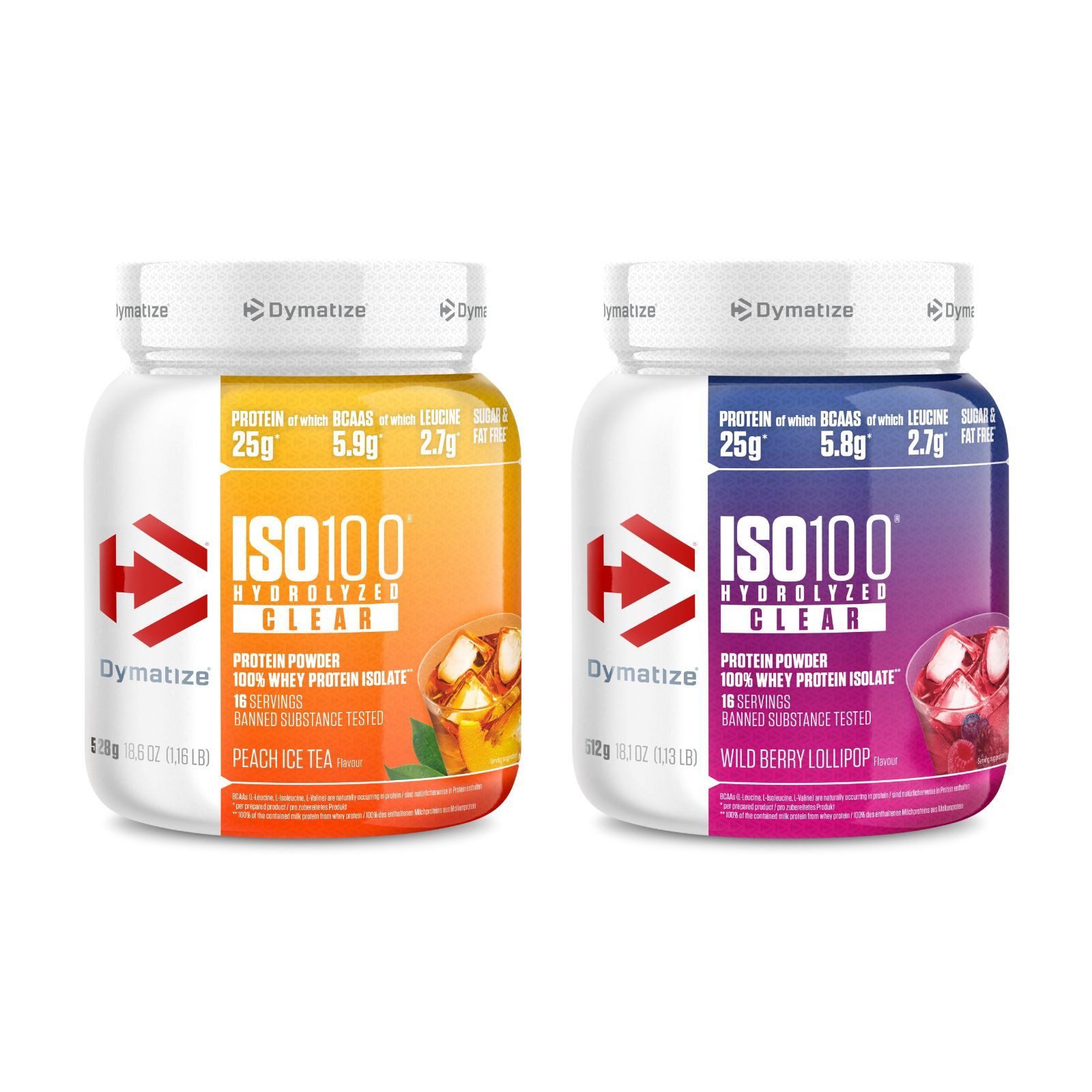Dymatize 2er-Set ISO 100 Hydrolyzed Clear Whey Protein Peach Ice Tea & Lollipop Pulver, 1024 g
